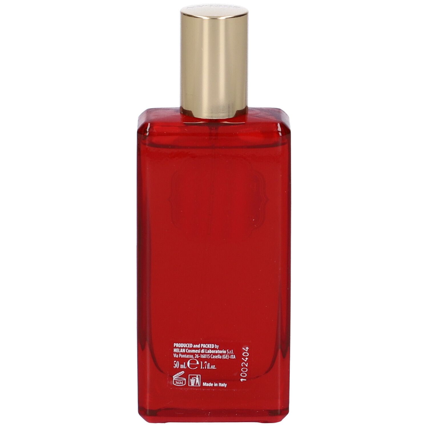 Retro di un flacone di Eau de Parfum rosso. Informazioni su produttore, contenuto e origine.