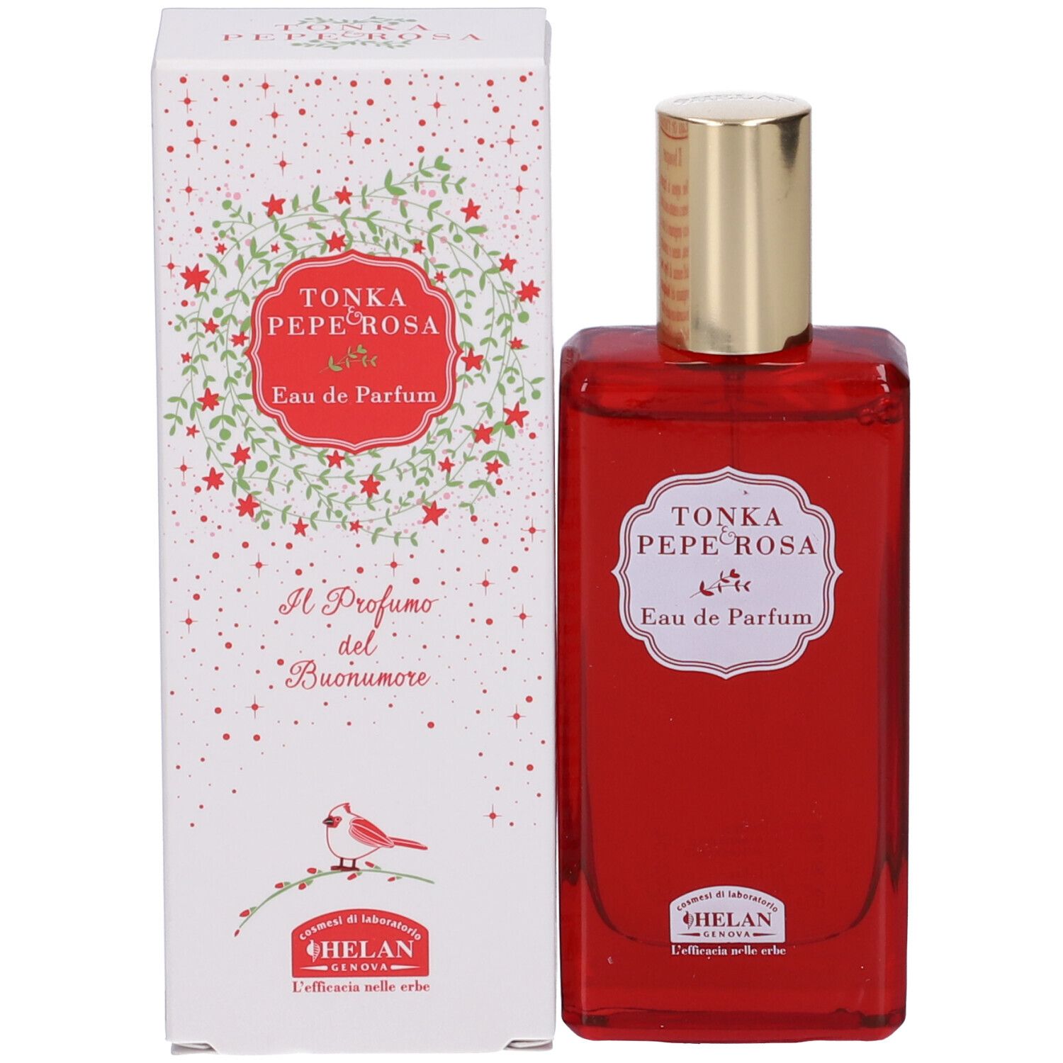 Flacone di Eau de Parfum e confezione. Confezione con design floreale e nome del prodotto. Flacone rosso.