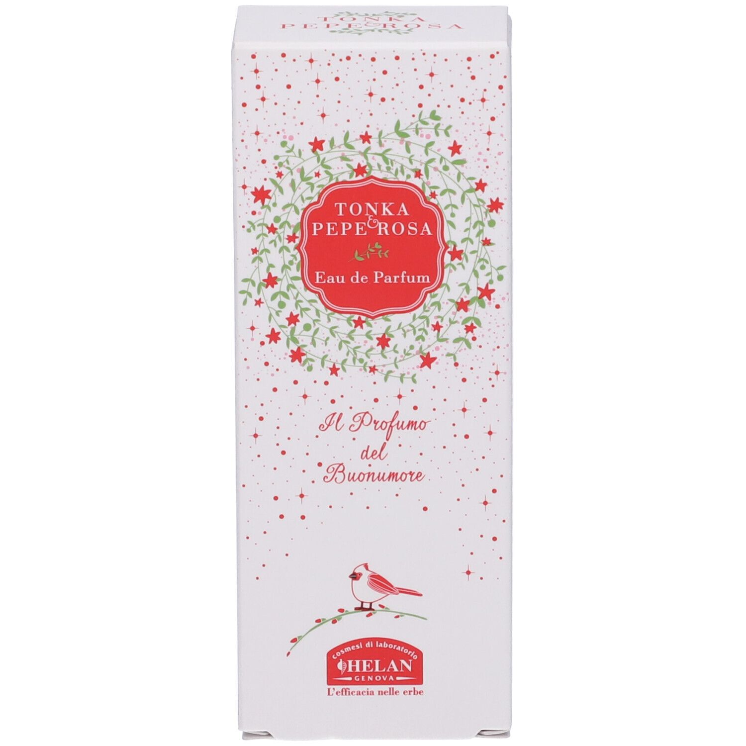 Confezione rettangolare alta con design floreale e nome del prodotto. Sfondo bianco.
