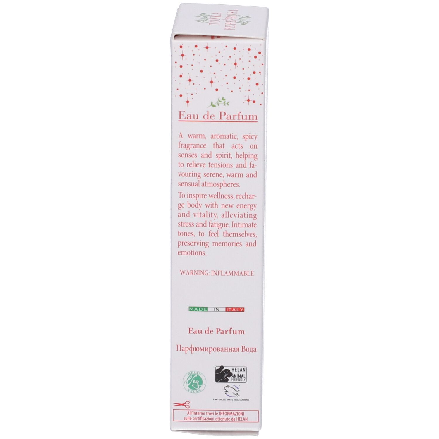 Confezione con testo sulle note olfattive e gli ingredienti. Avvertenze e origine.