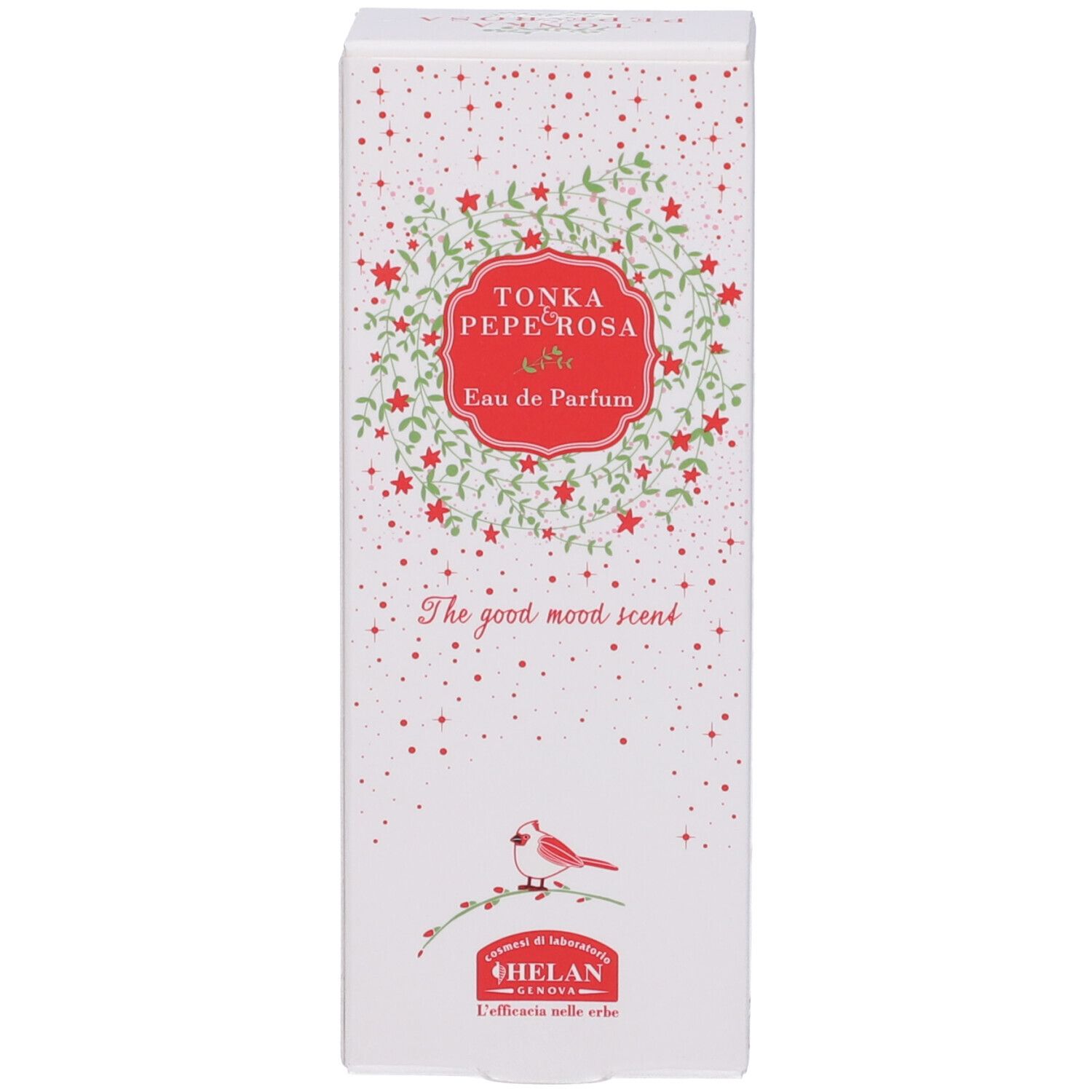 Confezione con design floreale, nome del prodotto e testo. Sfondo bianco.