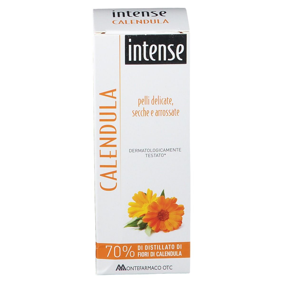 Confezione in cartone con logo "Intense Calendula" e testo. Illustrazione di fiori. 70% estratto di calendula.