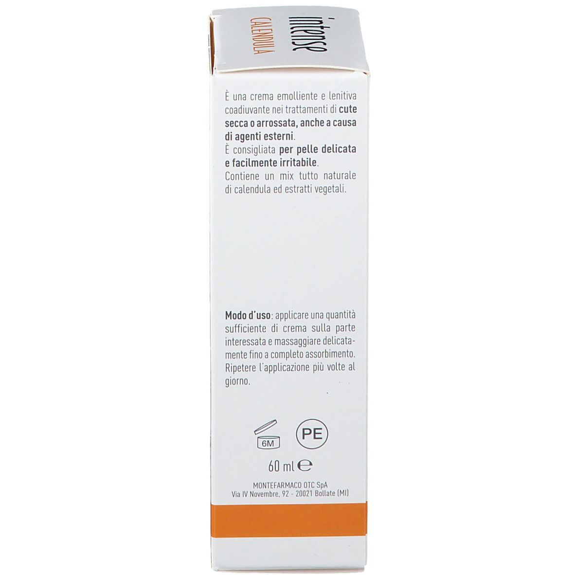 Vista laterale della confezione in cartone. Testo sugli ingredienti e l'uso. Indicazione del volume di 60 ml.