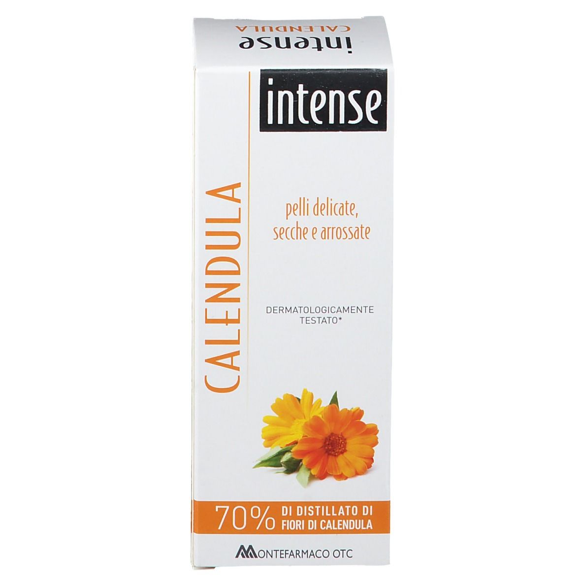 Confezione in cartone con logo "Intense Calendula" e testo. Illustrazione di fiori. 70% estratto di calendula.