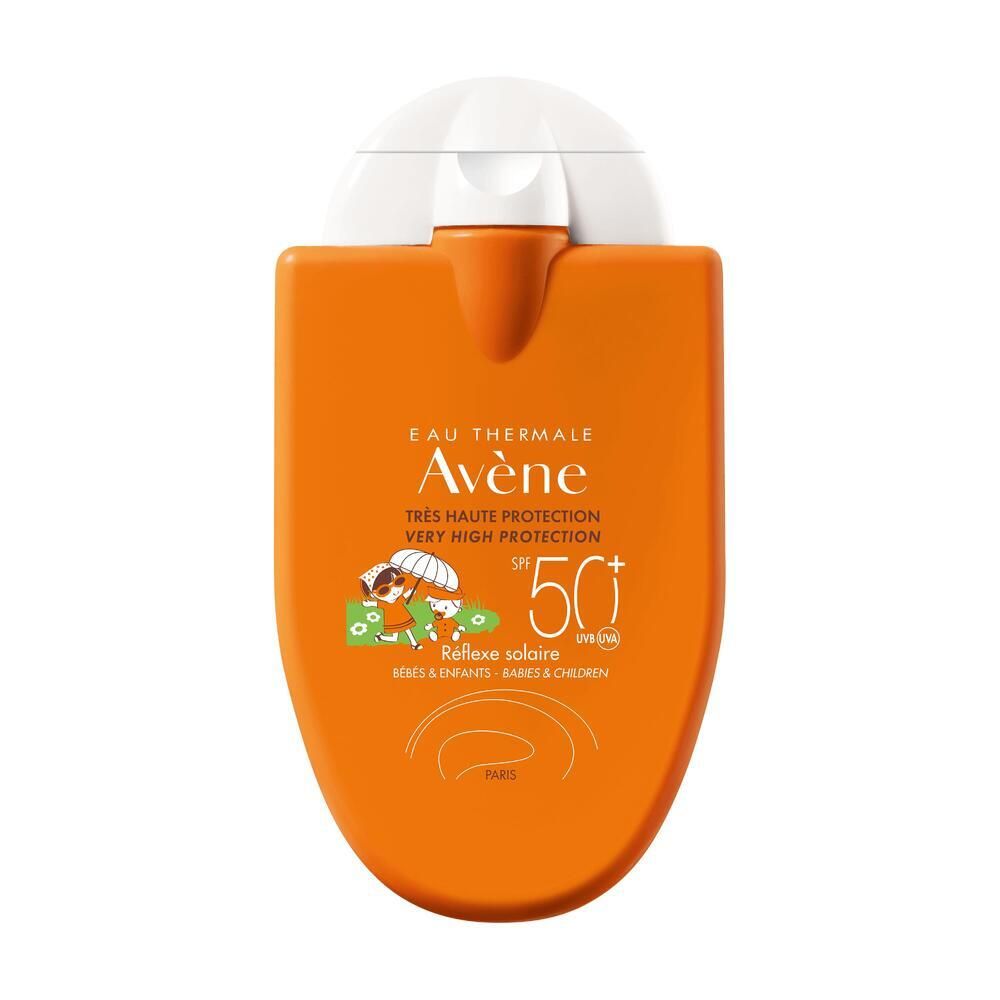 Flacone di crema solare arancione con tappo bianco. Scritte: Avène, SPF 50+, Réflexe solaire, per neonati e bambini.
