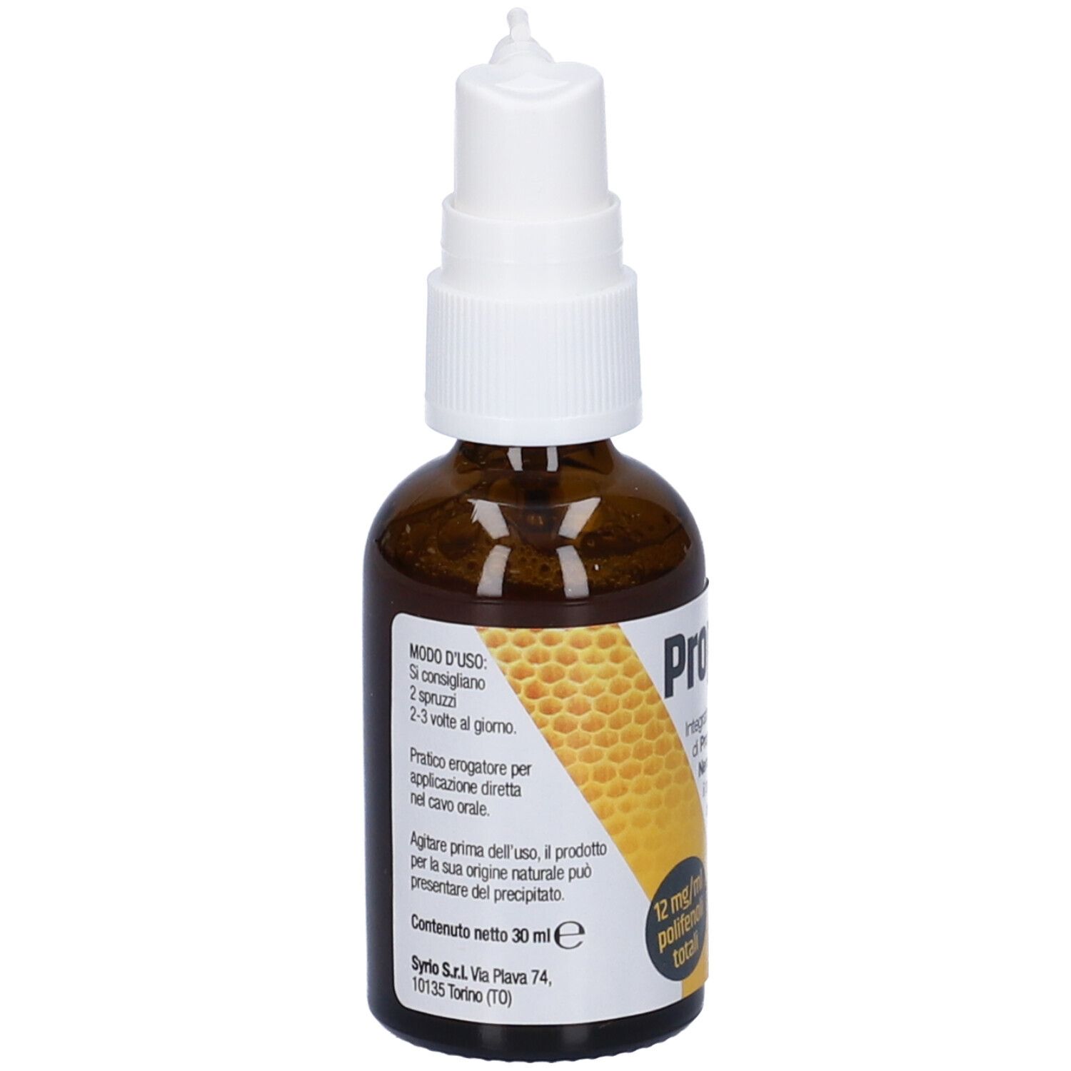 Flacone di vetro marrone con nebulizzatore bianco. Scritta: Propol-Sy, 12 mg/ml polifenoli totali. Etichetta con motivo a nido d'ape.