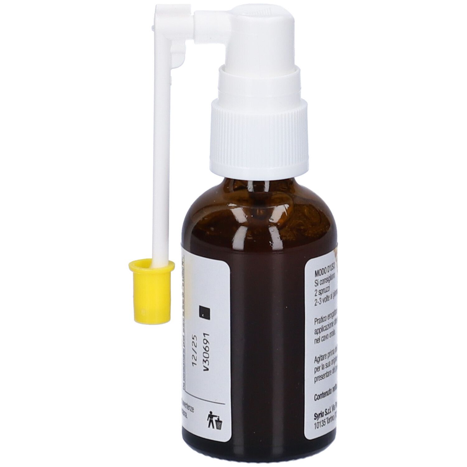 Flacone di vetro marrone con nebulizzatore bianco e applicatore giallo. Scritta: Propol-Sy. Etichetta con motivo a nido d'ape.