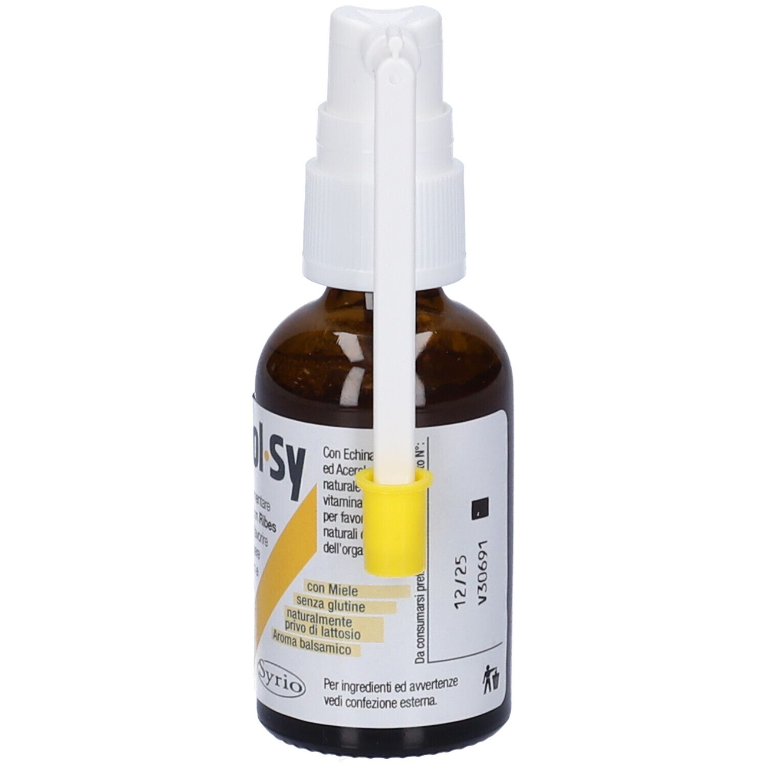 Flacone di vetro marrone con nebulizzatore bianco e applicatore giallo. Scritta: Propol-Sy. Etichetta con motivo a nido d'ape.