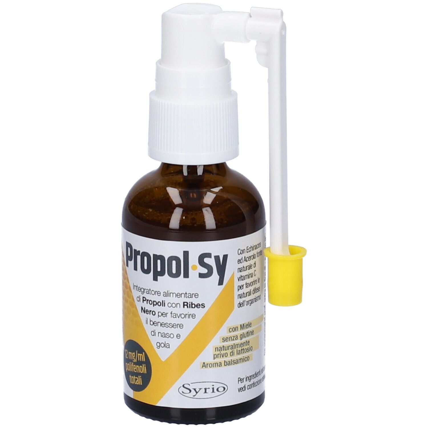 Flacone di vetro marrone con nebulizzatore bianco e applicatore giallo. Scritta: Propol-Sy, 12 mg/ml polifenoli totali.