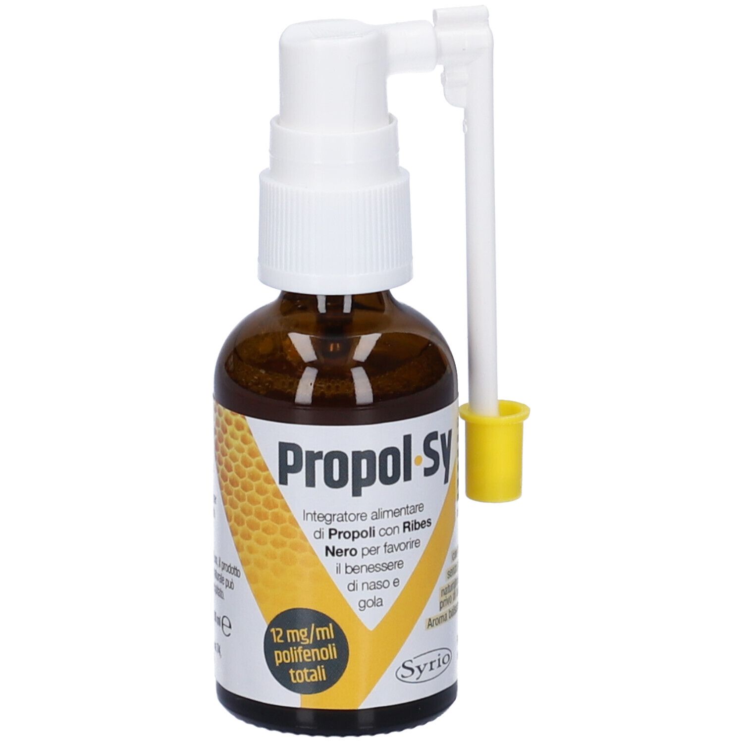 Flacone di vetro marrone con nebulizzatore bianco e applicatore giallo. Scritta: Propol-Sy, 12 mg/ml polifenoli totali.