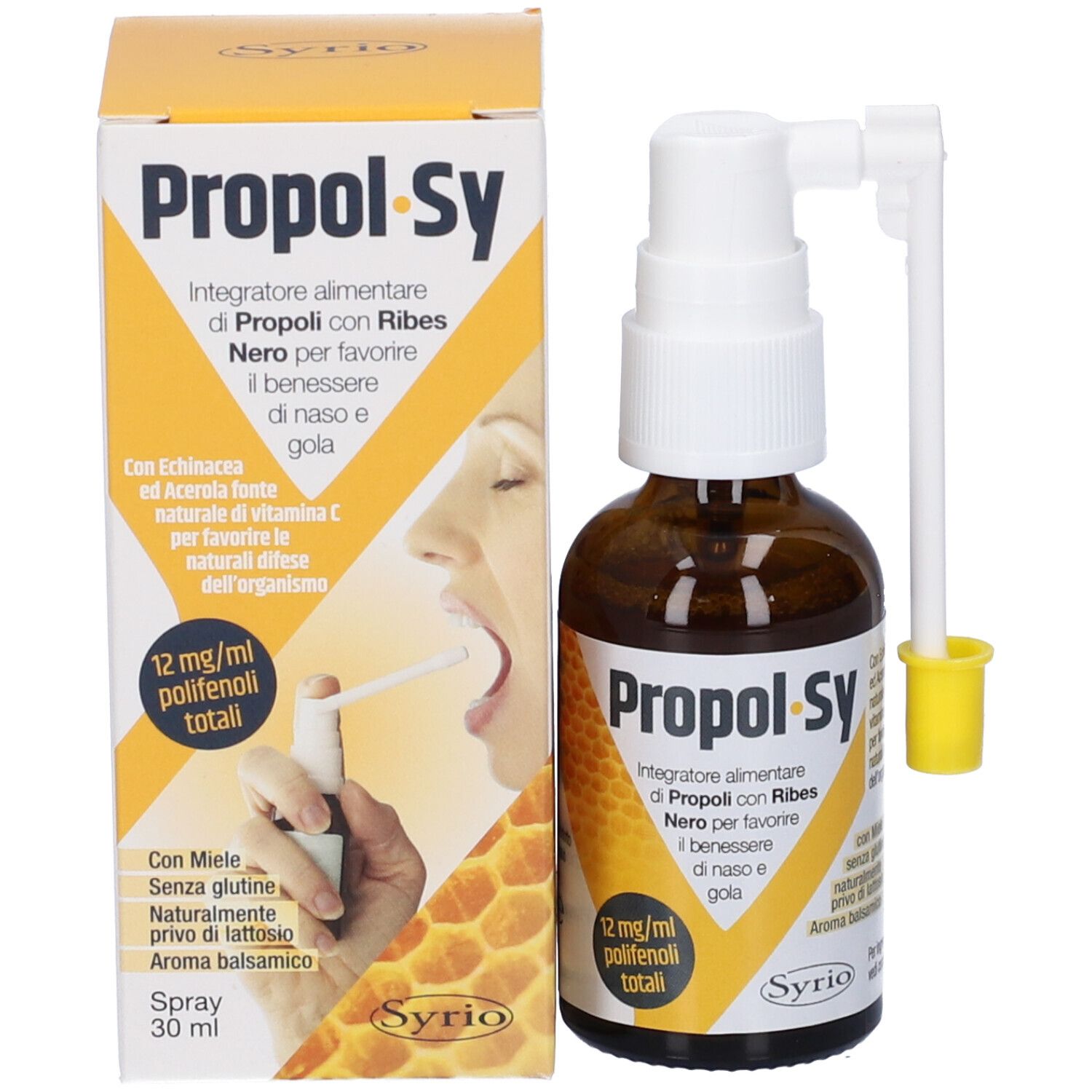 Confezione del prodotto con flacone e nebulizzatore. Scritta: Propol-Sy, 12 mg/ml polifenoli totali. Immagine di una persona.