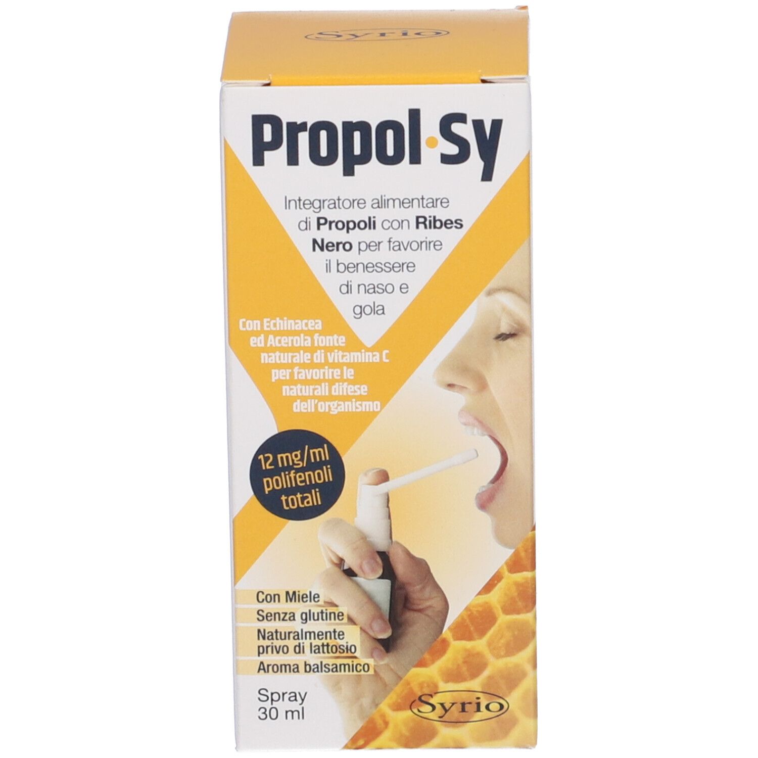 Confezione del prodotto con flacone e nebulizzatore. Scritta: Propol-Sy, 12 mg/ml polifenoli totali. Immagine di una persona.