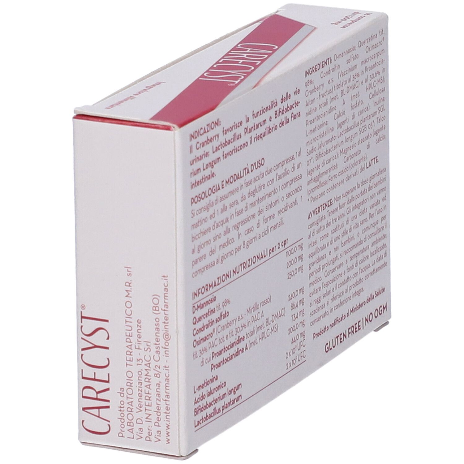 Scatola con informazioni e ingredienti del prodotto. Testo in italiano. Scritta: Carecyst.