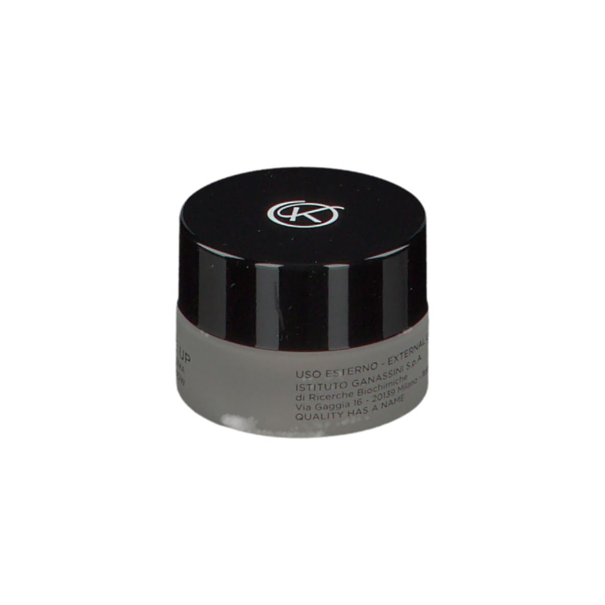 Ombretto in crema KORFF 03, vasetto chiuso, coperchio nero con logo. Testo: KORFF MILANO, CURE MAKE UP, CREMA.