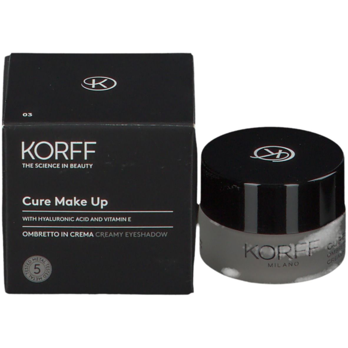 Ombretto in crema KORFF 03 e confezione. Confezione nera, testo: KORFF, CURE MAKE UP, Ombretto in Crema, 5.
