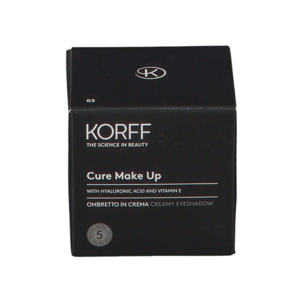 Confezione ombretto in crema KORFF 03. Confezione nera, testo: KORFF, CURE MAKE UP, Ombretto in Crema, 5.