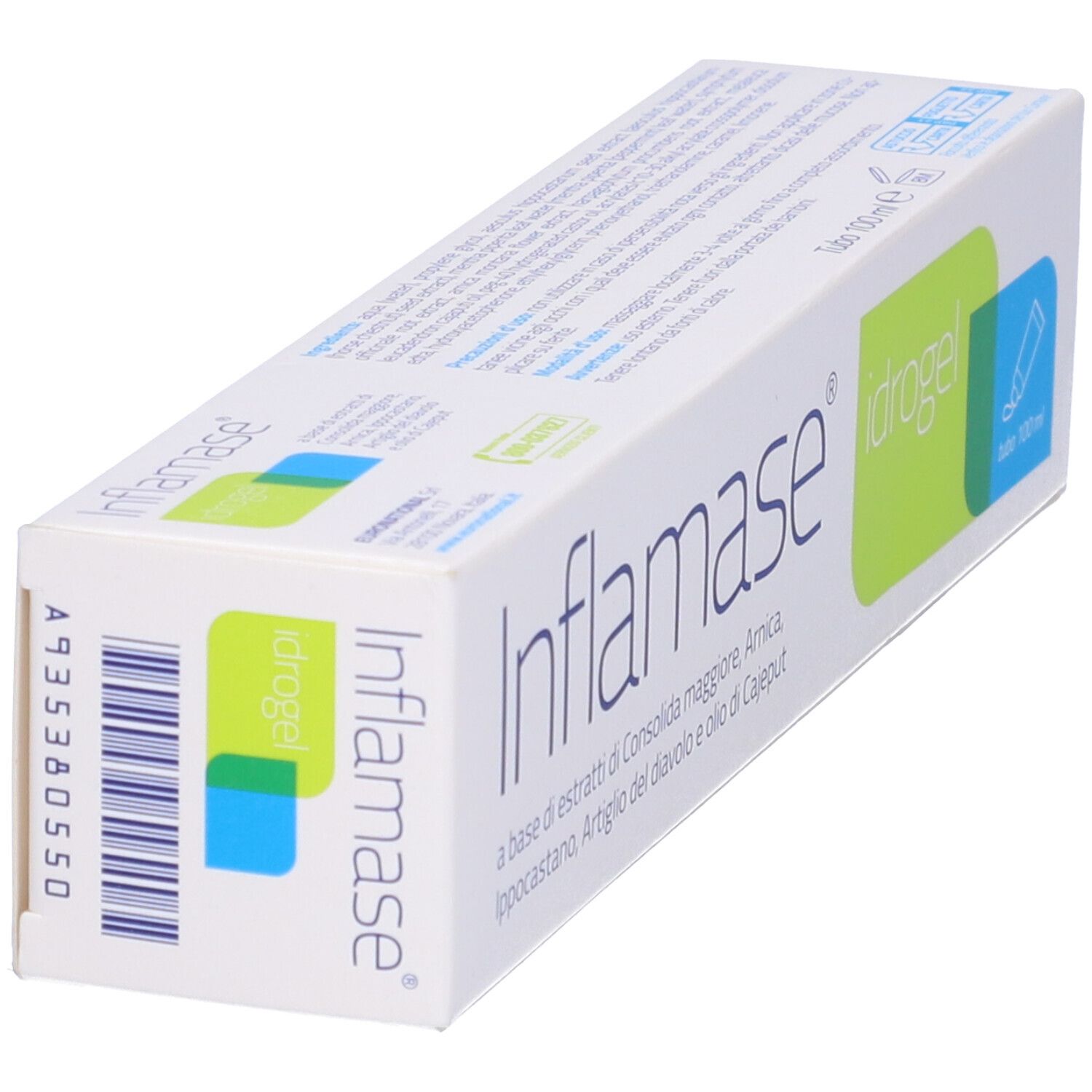 Scatola bianca con nome del prodotto e dettagli verdi. Scritto: Inflamase Idrogel. Contiene estratti.