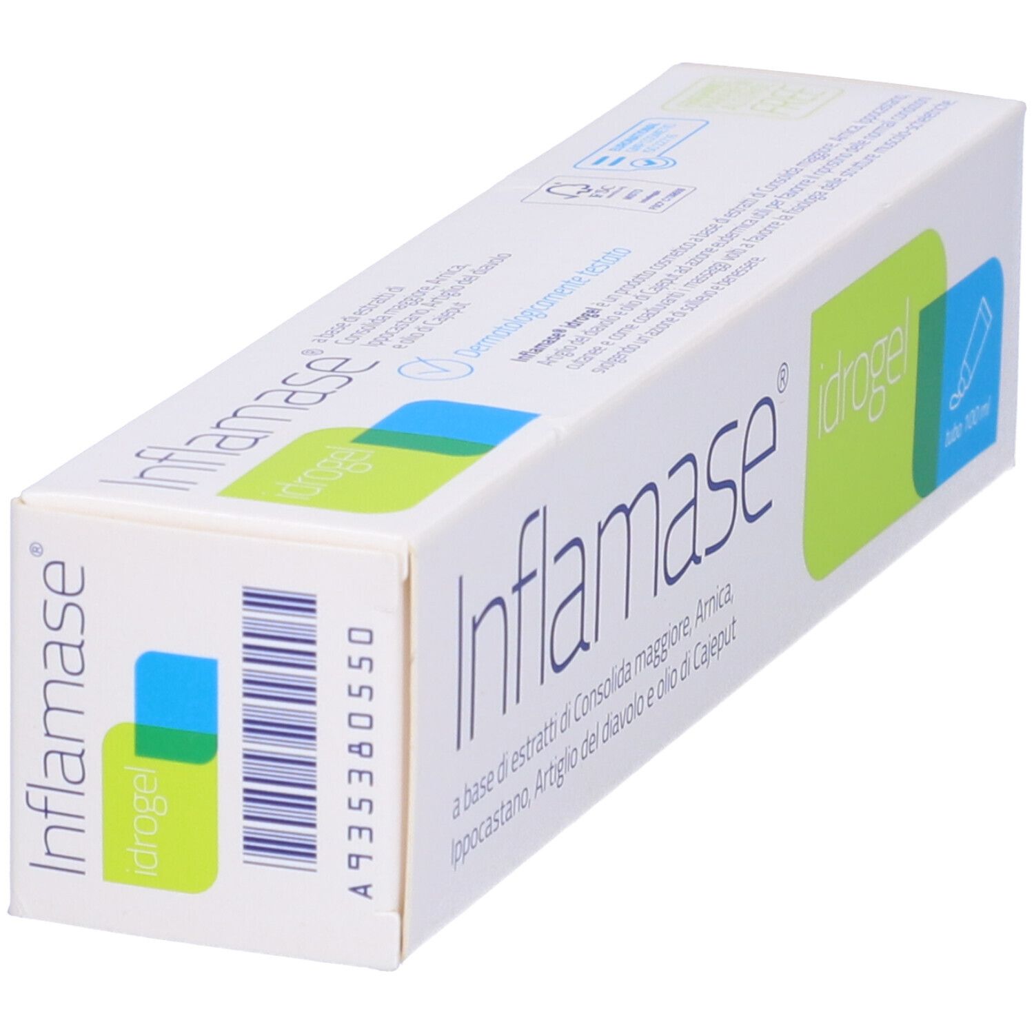 Scatola bianca con nome del prodotto e dettagli verdi. Scritto: Inflamase Idrogel. Contiene estratti.