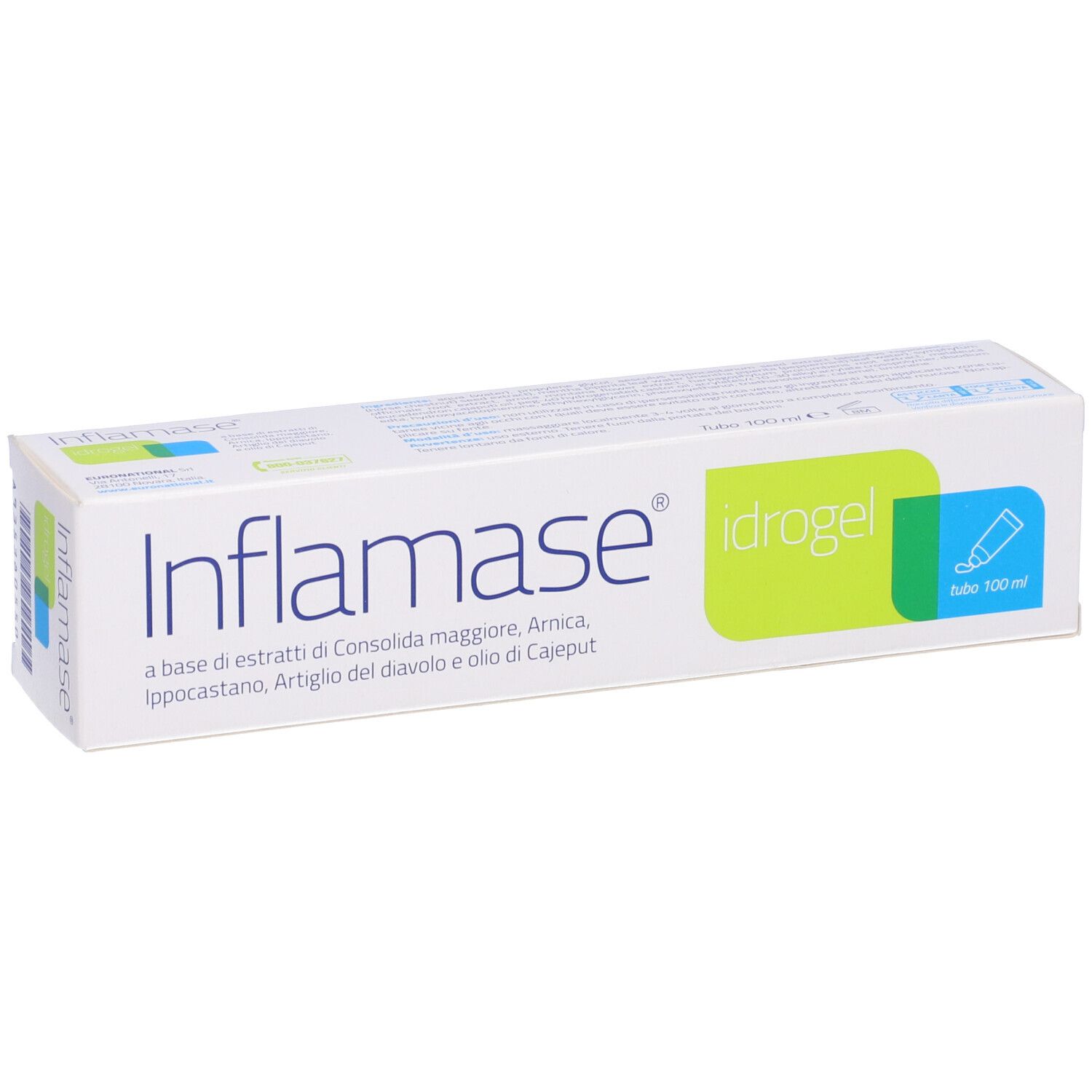 Scatola bianca con nome del prodotto e dettagli verdi. Scritto: Inflamase Idrogel. Contiene estratti.