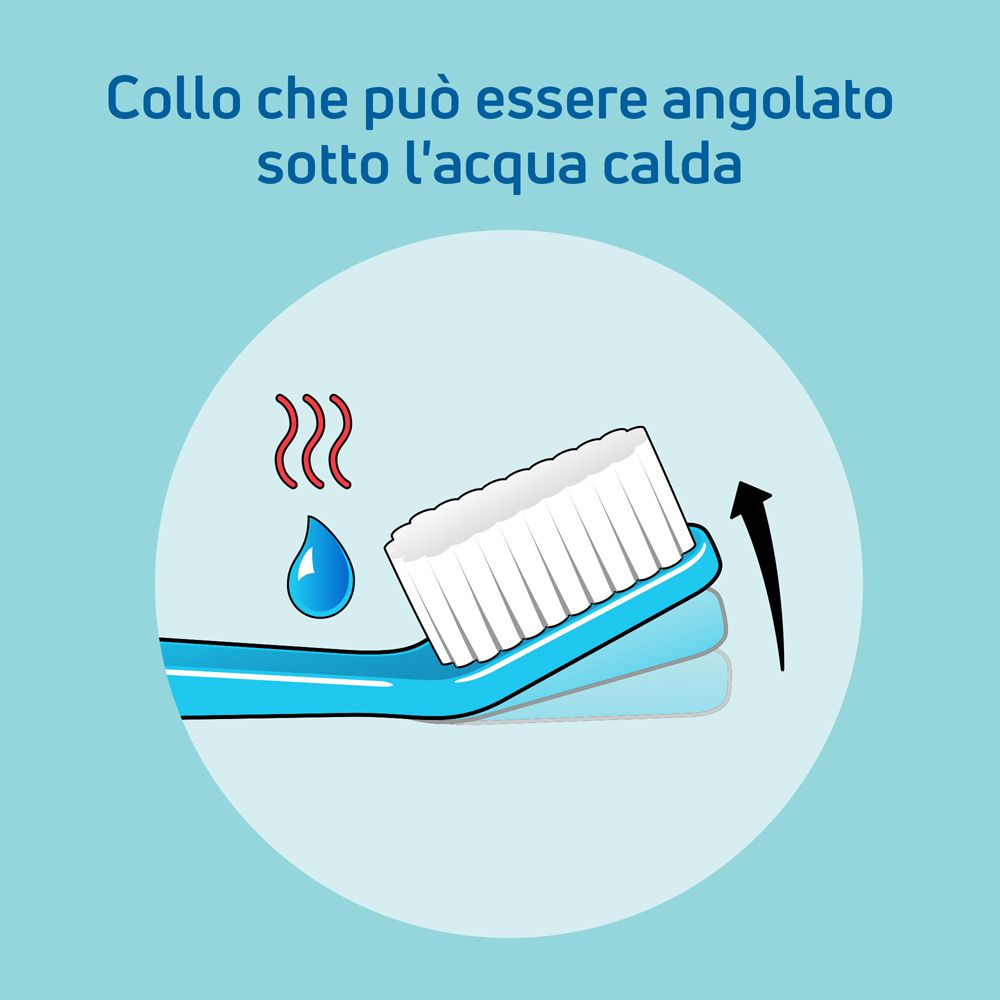 Spazzolino da denti con collo angolabile sotto acqua calda, con icona a goccia d'acqua.