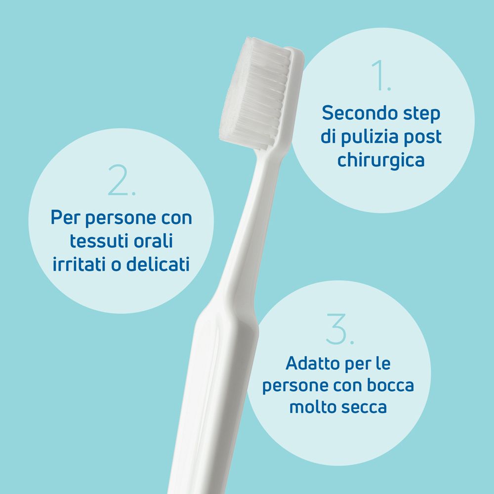 Spazzolino bianco con setole morbide, con tre cerchi di testo in italiano.