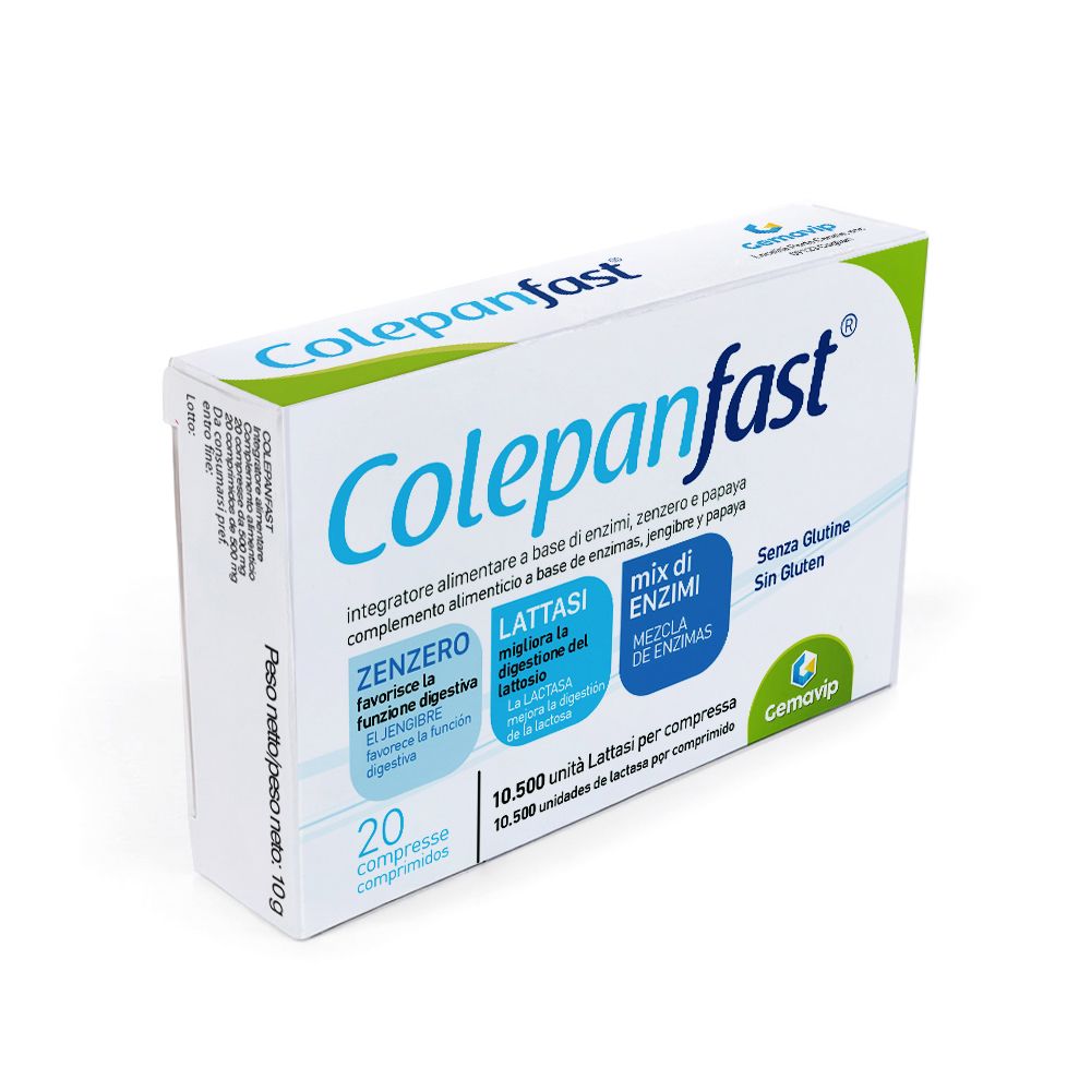 Colepanfast: confezione da 20 compresse di enzimi digestivi, senza glutine, vista laterale.