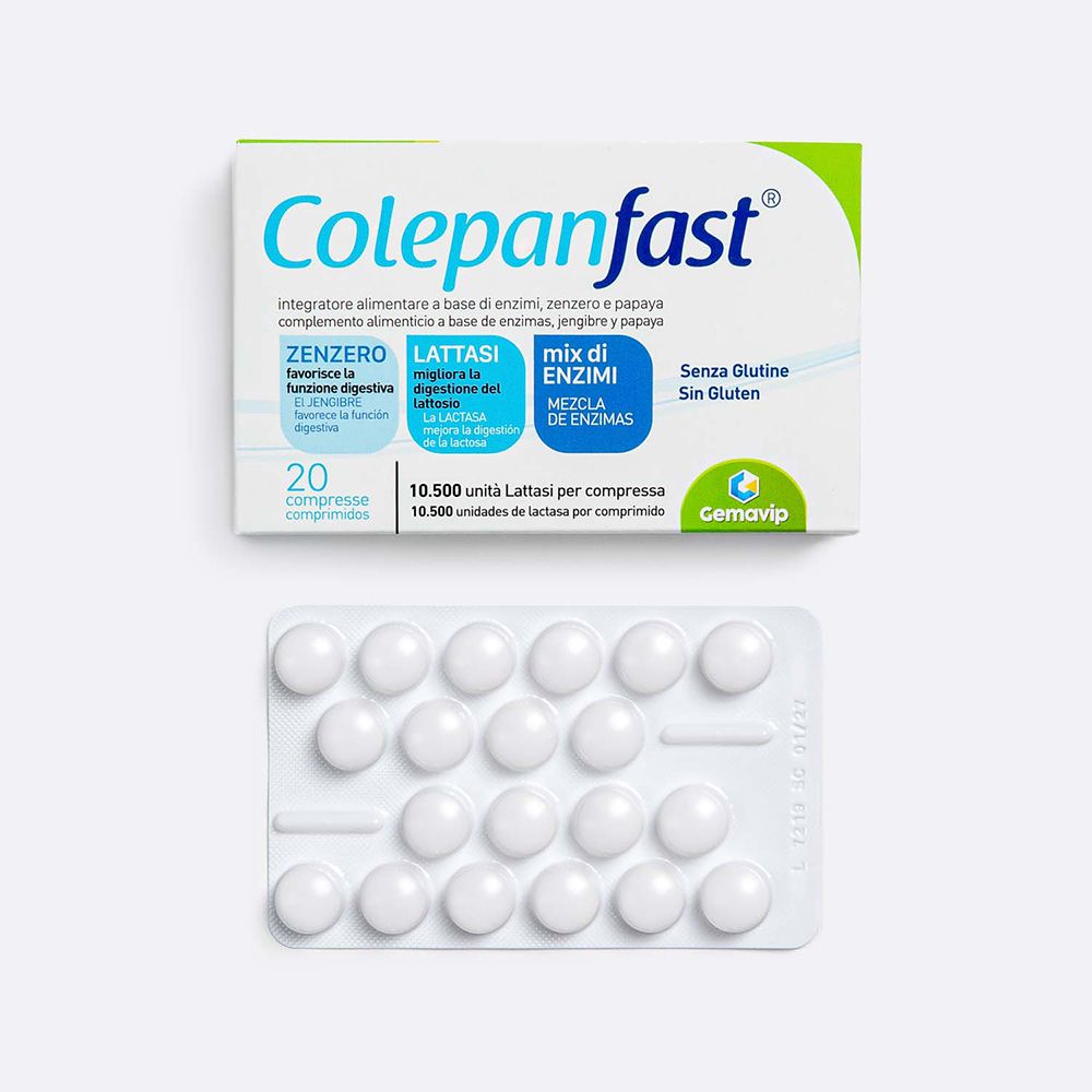 Colepanfast: confezione e blister da 20 compresse di enzimi digestivi, senza glutine.