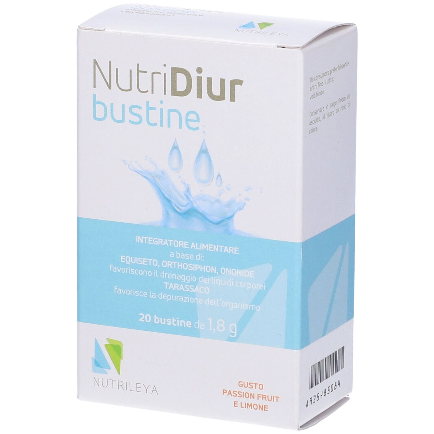 Scatola 'Nutridiur bustine' con 20 bustine. Marchio Nutriley. Gusto frutto della passione e limone. Confezione blu e bianca.