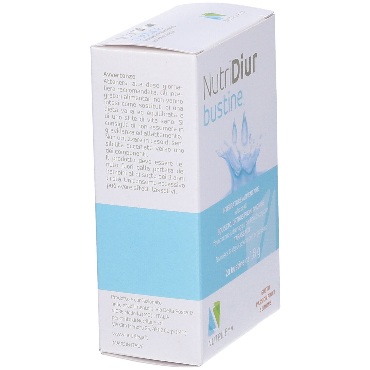 Scatola 'Nutridiur bustine' con 20 bustine. Marchio Nutriley. Gusto frutto della passione e limone. Confezione blu e bianca.