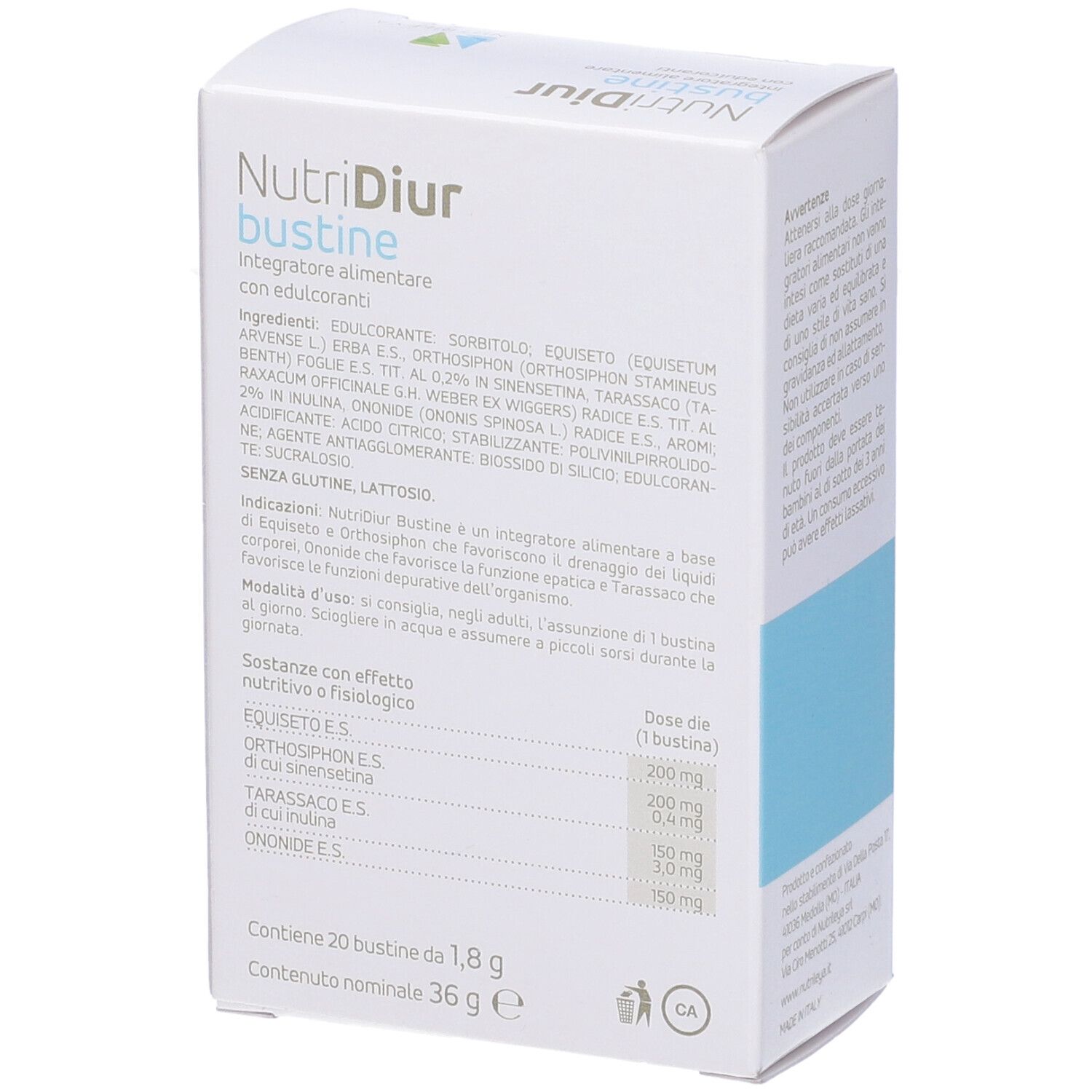 Scatola 'Nutridiur bustine' con 20 bustine. Marchio Nutriley. Gusto frutto della passione e limone. Confezione blu e bianca.