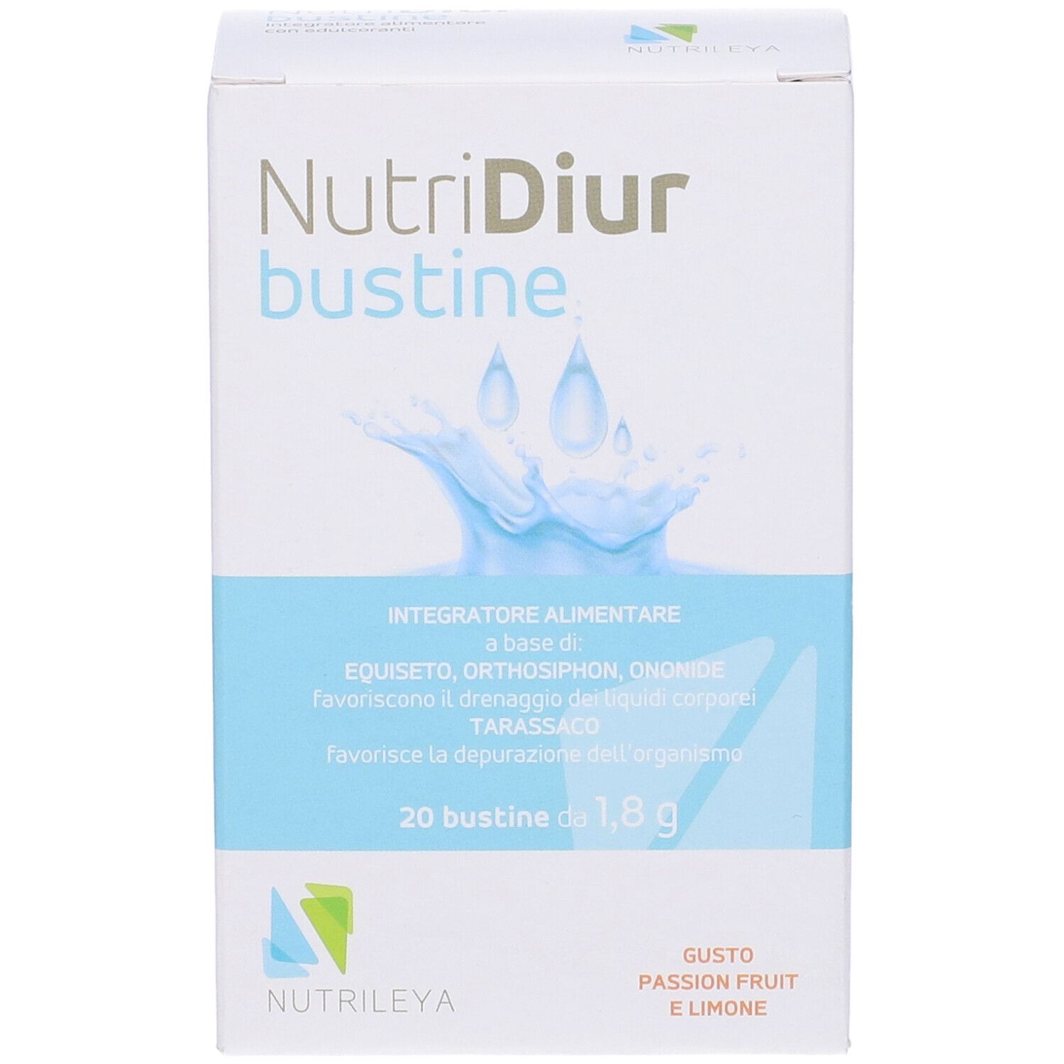 Scatola 'Nutridiur bustine' con 20 bustine. Marchio Nutriley. Gusto frutto della passione e limone. Confezione blu e bianca.