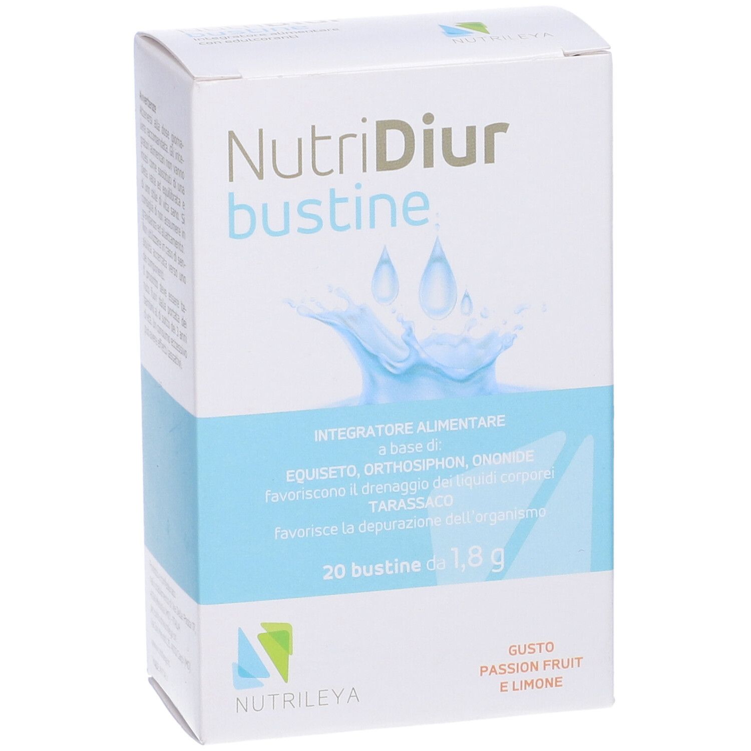 Scatola 'Nutridiur bustine' con 20 bustine. Marchio Nutriley. Gusto frutto della passione e limone. Confezione blu e bianca.