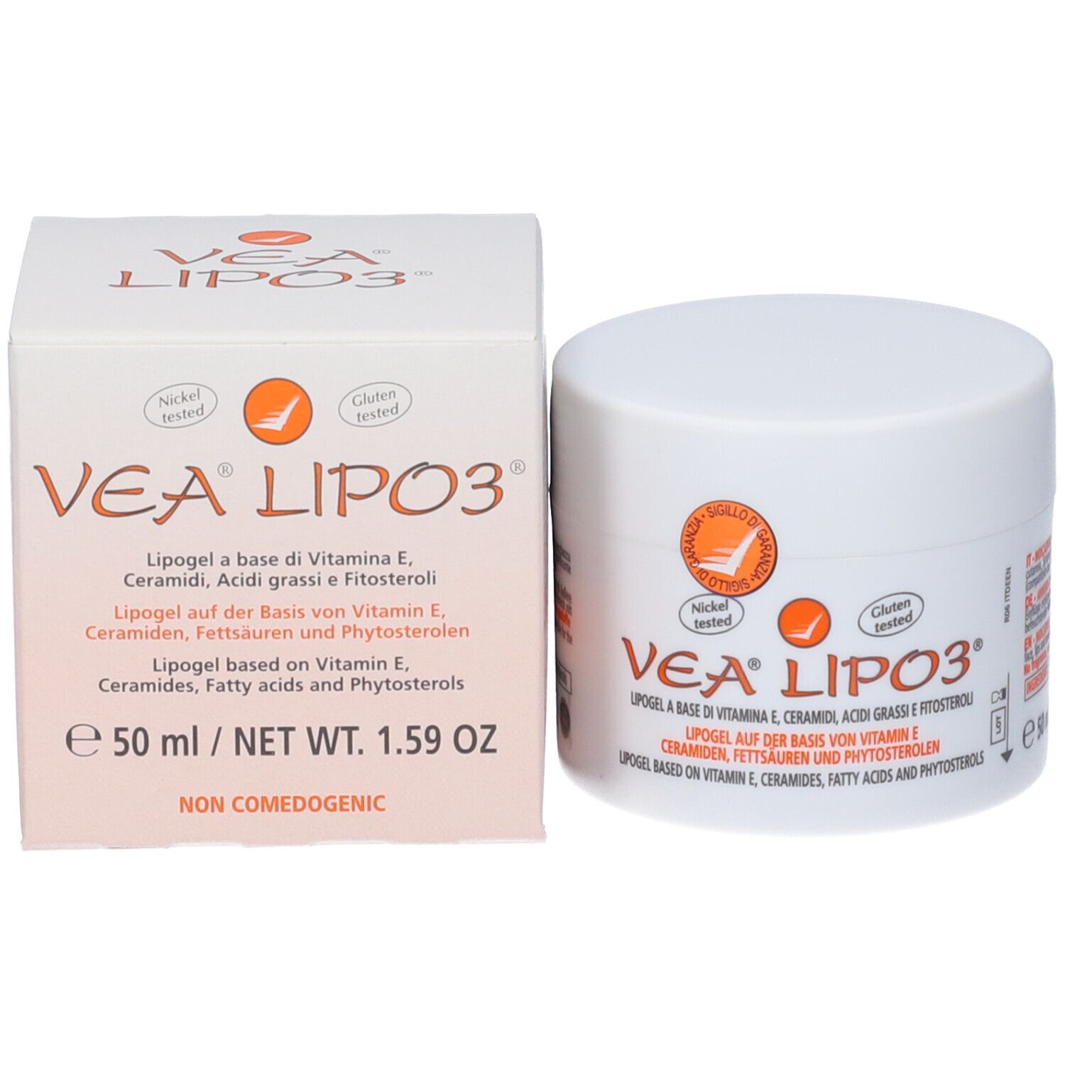 Prodotto VEA LIPO3 e scatola pieghevole. Vasetto e scatola bianchi. 50 ml. Testato al nichel e senza glutine.