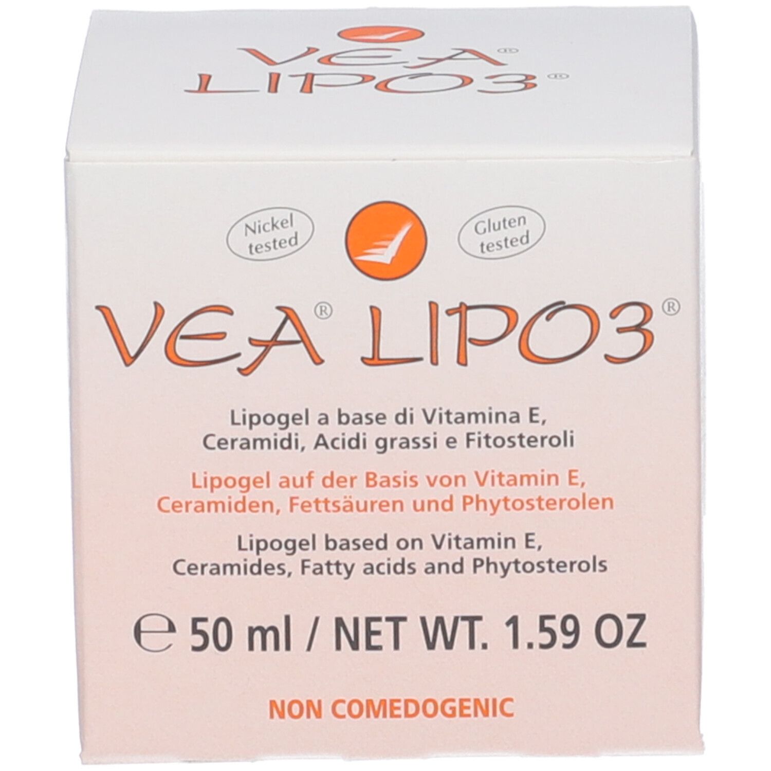 Scatola pieghevole bianca con logo VEA LIPO3. Contiene lipogel. Testato al nichel e senza glutine. 50 ml.