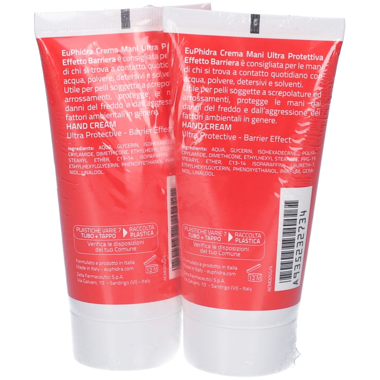 Retro di due tubi rossi di crema mani con tappi bianchi. Contiene elenco ingredienti e informazioni sul riciclo.