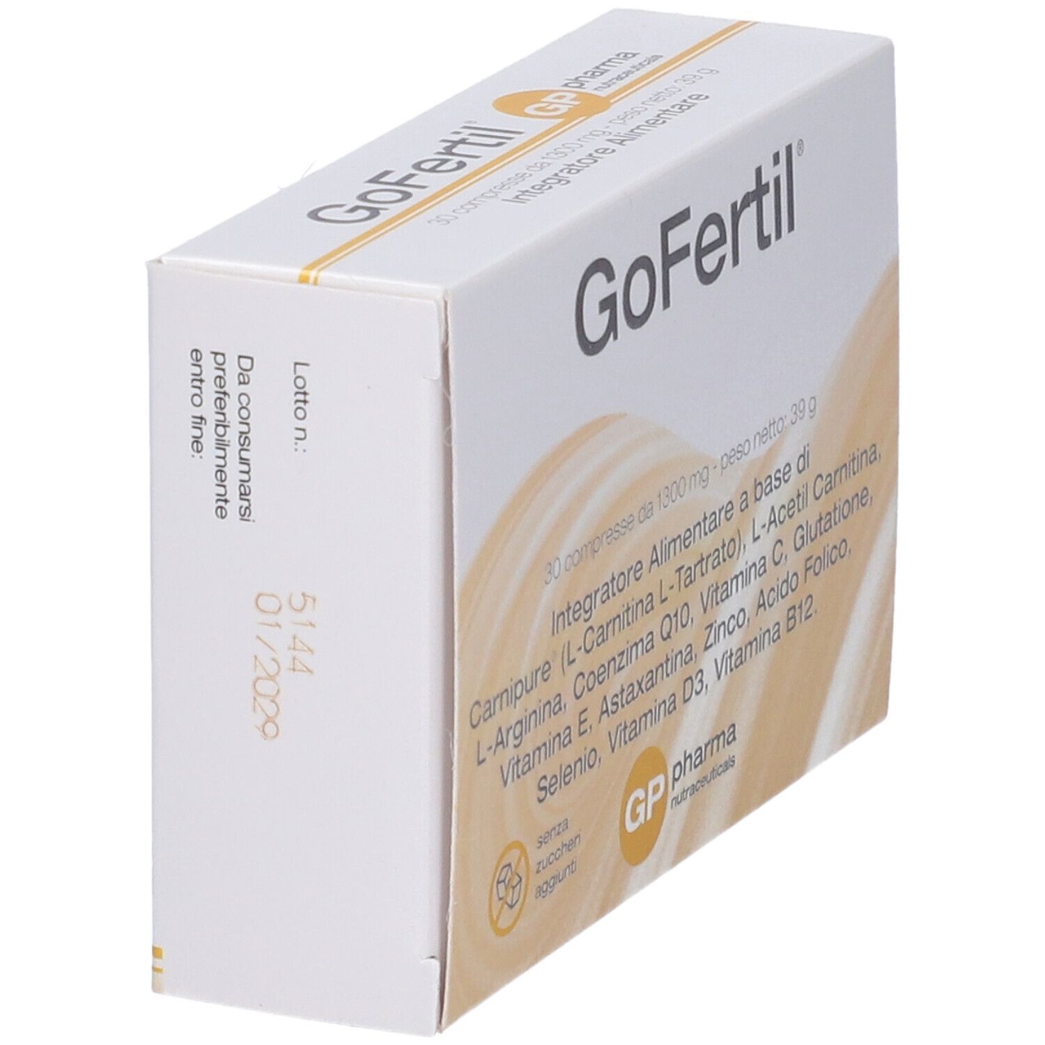 Scatola bianca GoFertil. Ingredienti, data di scadenza. GP pharma nutraceuticals.