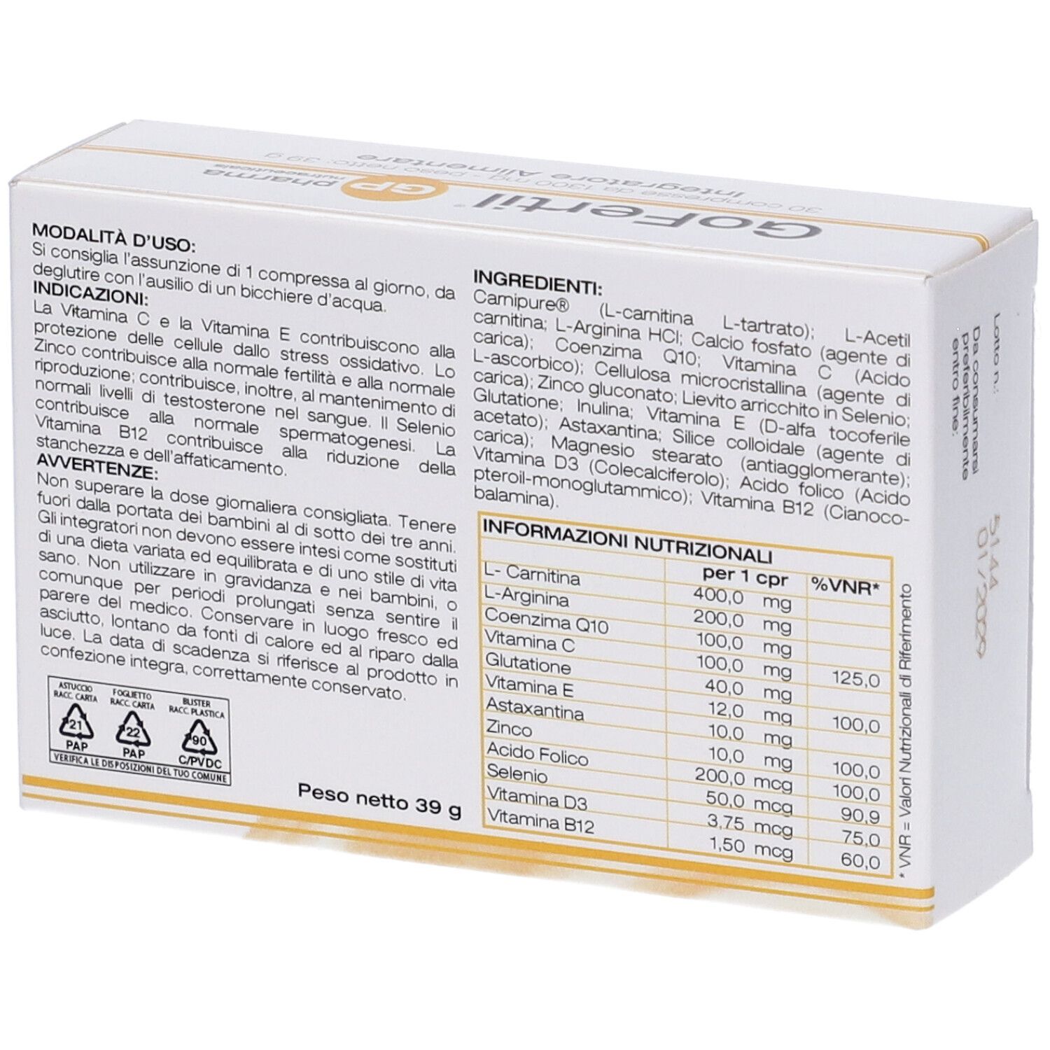 Scatola GoFertil, retro con ingredienti, modalità d'uso e informazioni nutrizionali. GP pharma nutraceuticals.