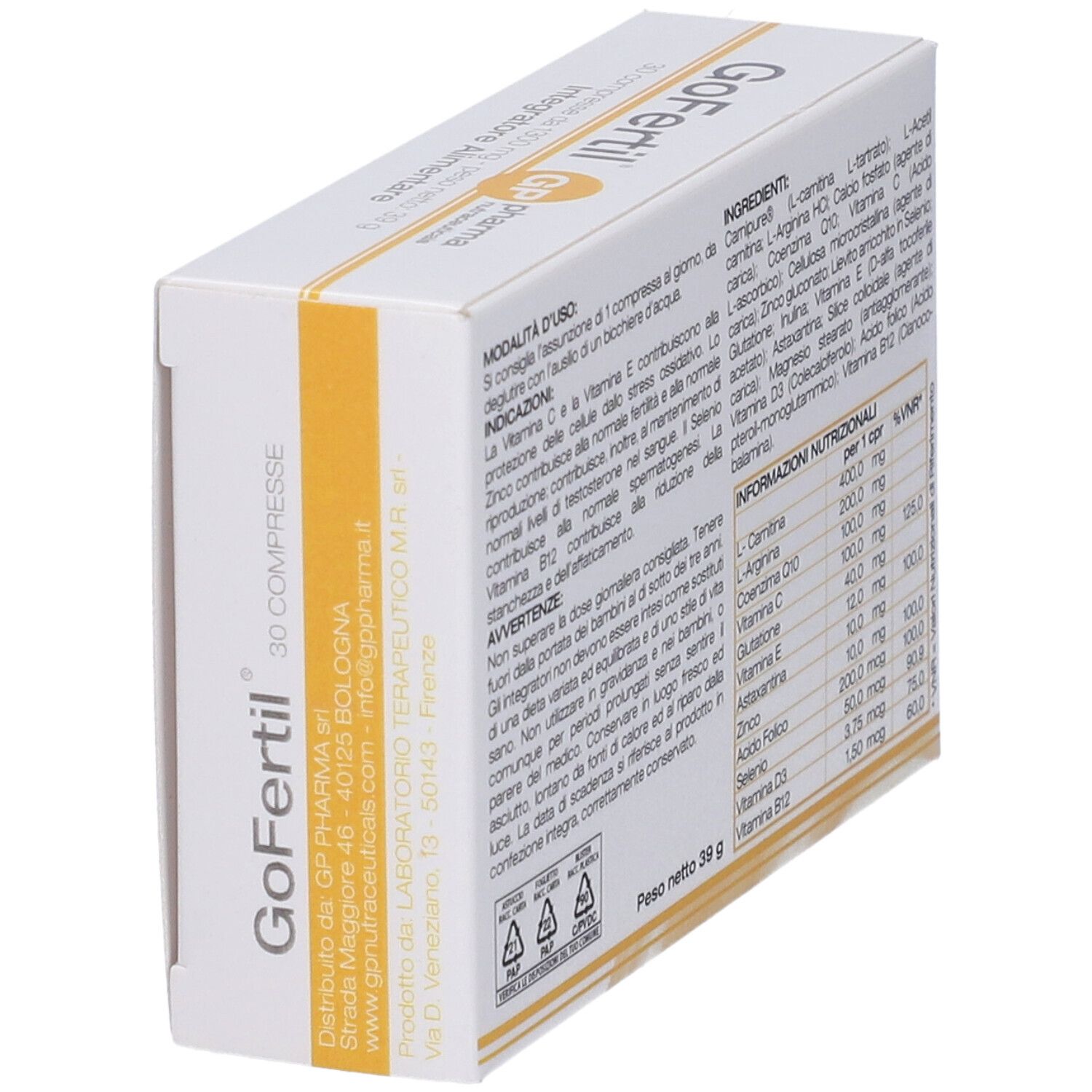 Scatola GoFertil, retro con ingredienti, modalità d'uso e informazioni nutrizionali. GP pharma nutraceuticals.