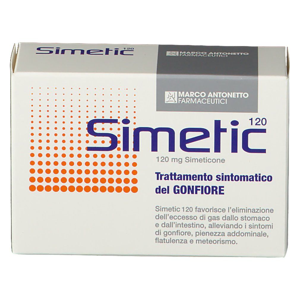Scatola bianca con testo blu e arancione. Scritto: Simetic 120, 120 mg Simeticone. Trattamento del gonfiore.