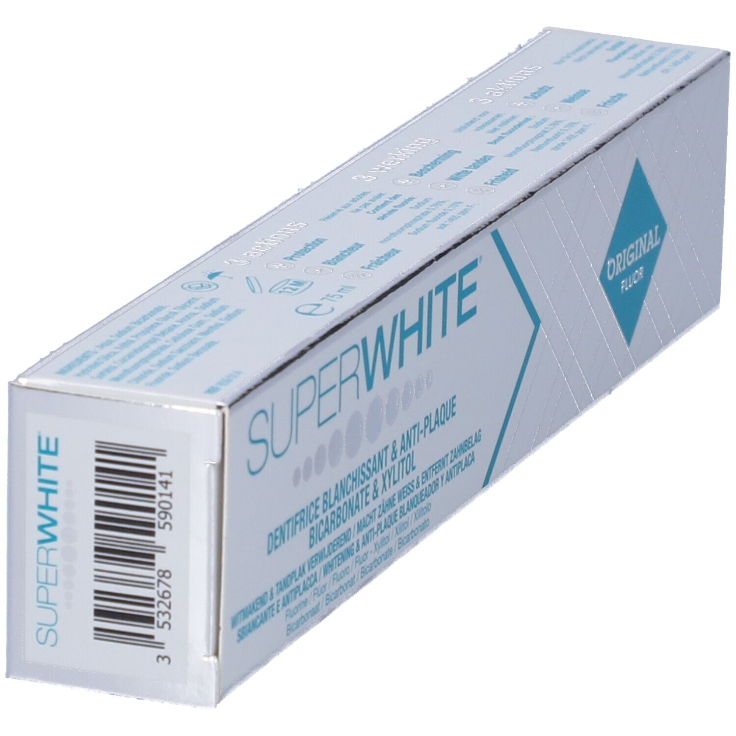 Confezione di dentifricio Superwhite. Scatola con codice a barre e informazioni sul prodotto. Logo "Original Fluor".