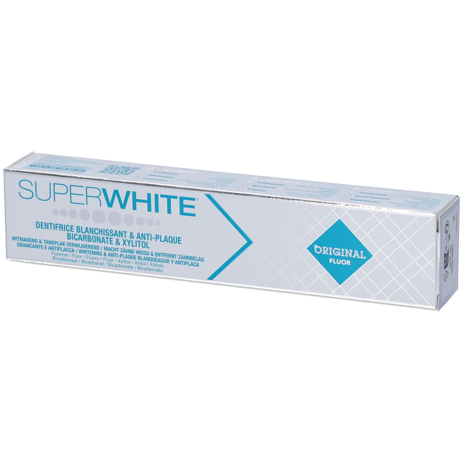 Confezione di dentifricio Superwhite. Scatola bianca e blu con nome del prodotto e ingredienti. Logo "Original Fluor".