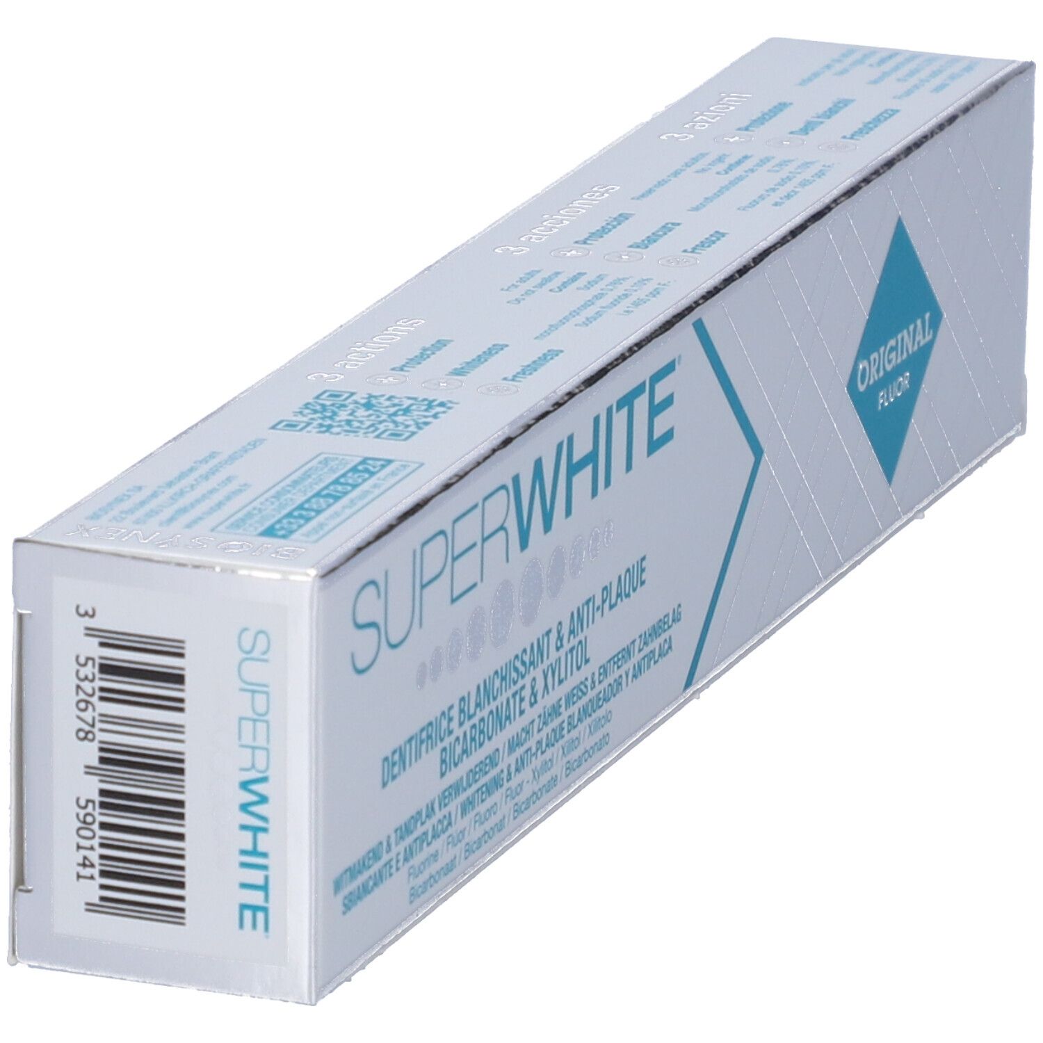 Confezione di dentifricio Superwhite. Scatola con nome del prodotto e ingredienti. Logo "Original Fluor".