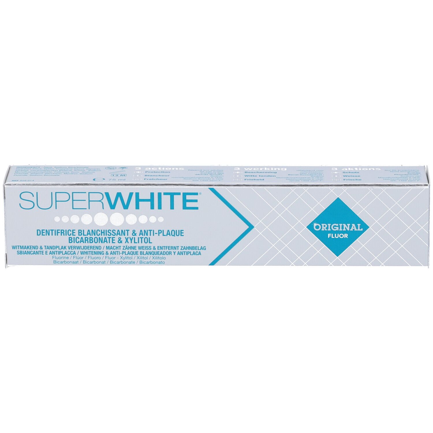 Confezione di dentifricio Superwhite. Scatola bianca e blu con nome del prodotto e ingredienti. Logo "Original Fluor".
