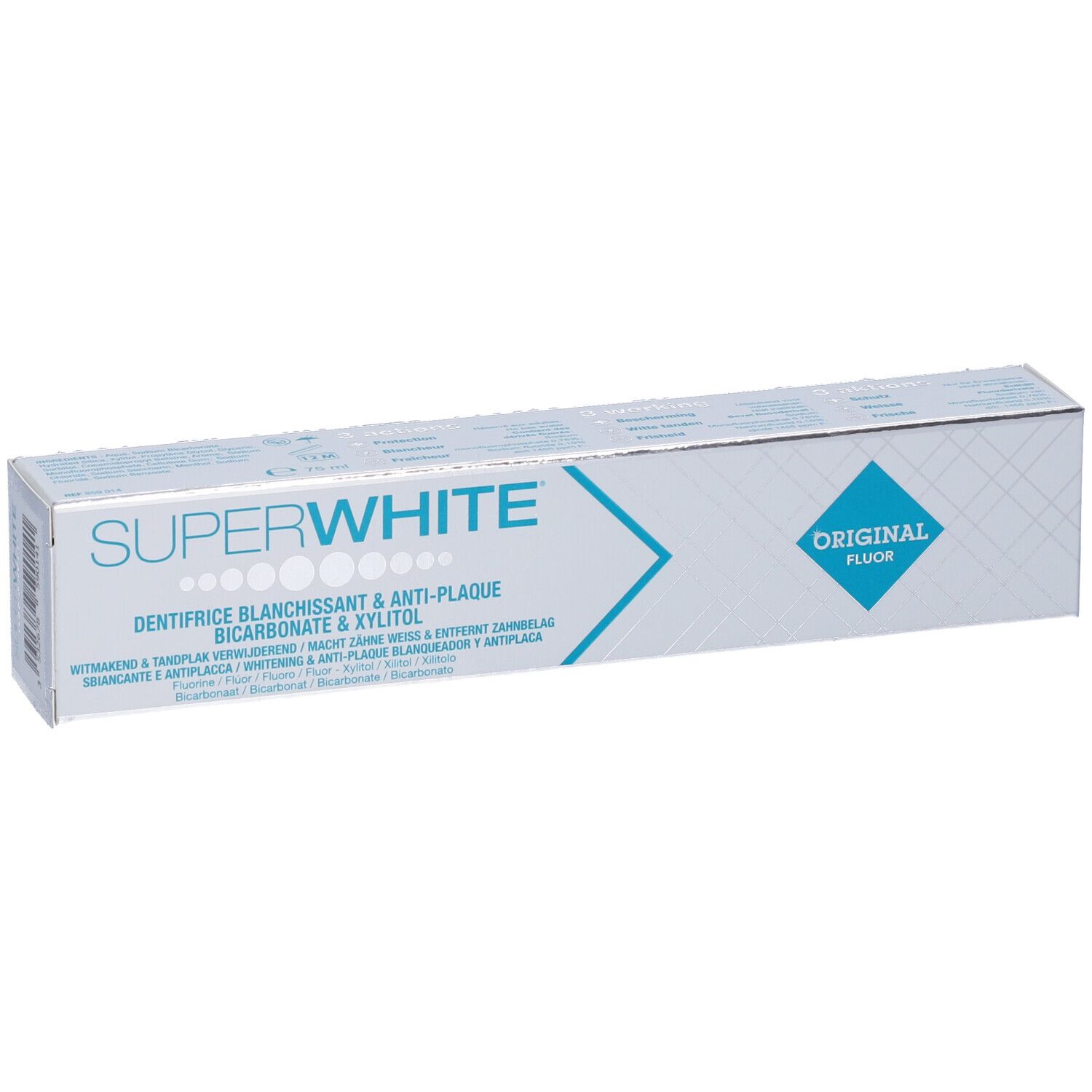 Confezione di dentifricio Superwhite. Scatola bianca e blu con nome del prodotto e ingredienti. Logo "Original Fluor".