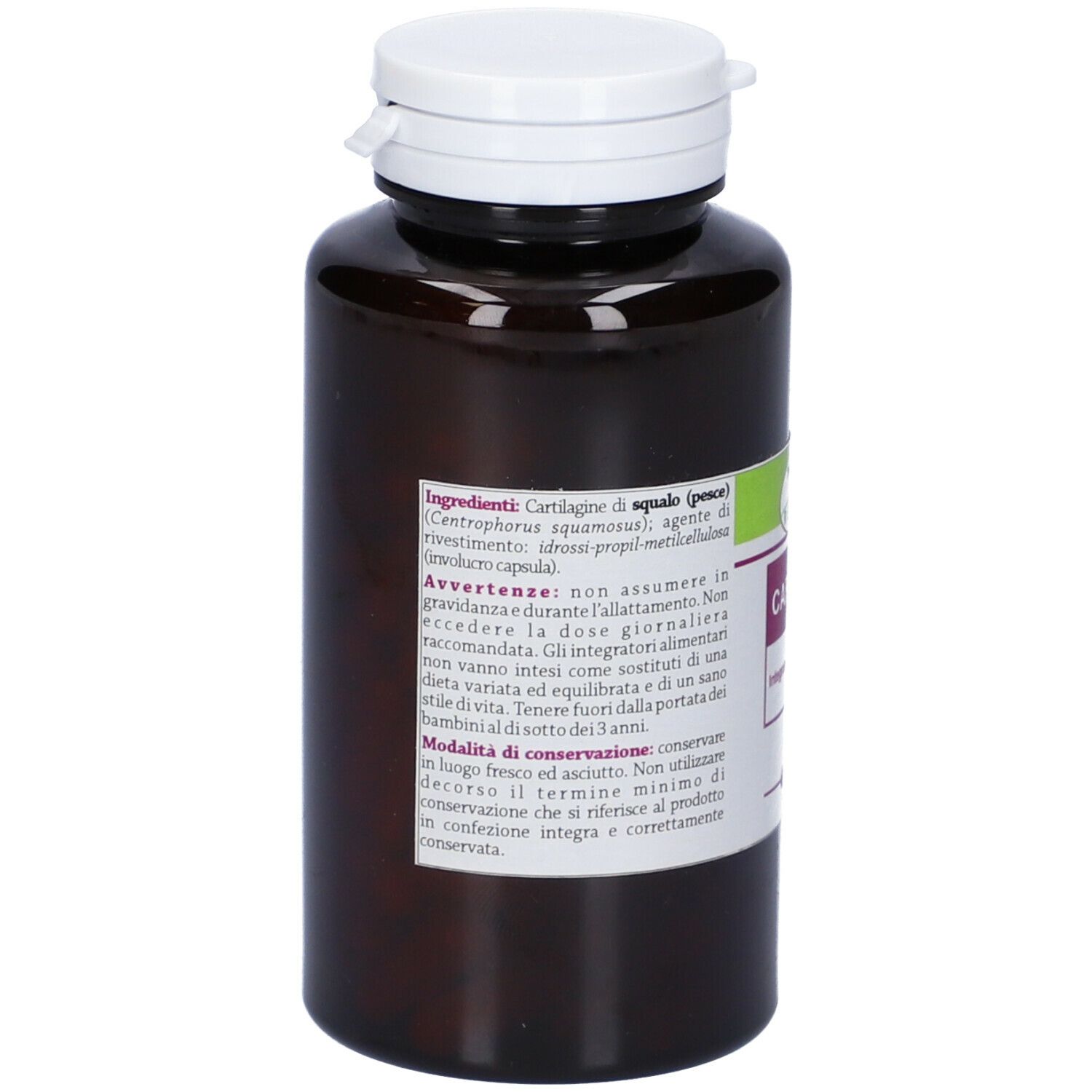 Flacone marrone con tappo bianco. Retro con ingredienti e avvertenze. Integratore alimentare.