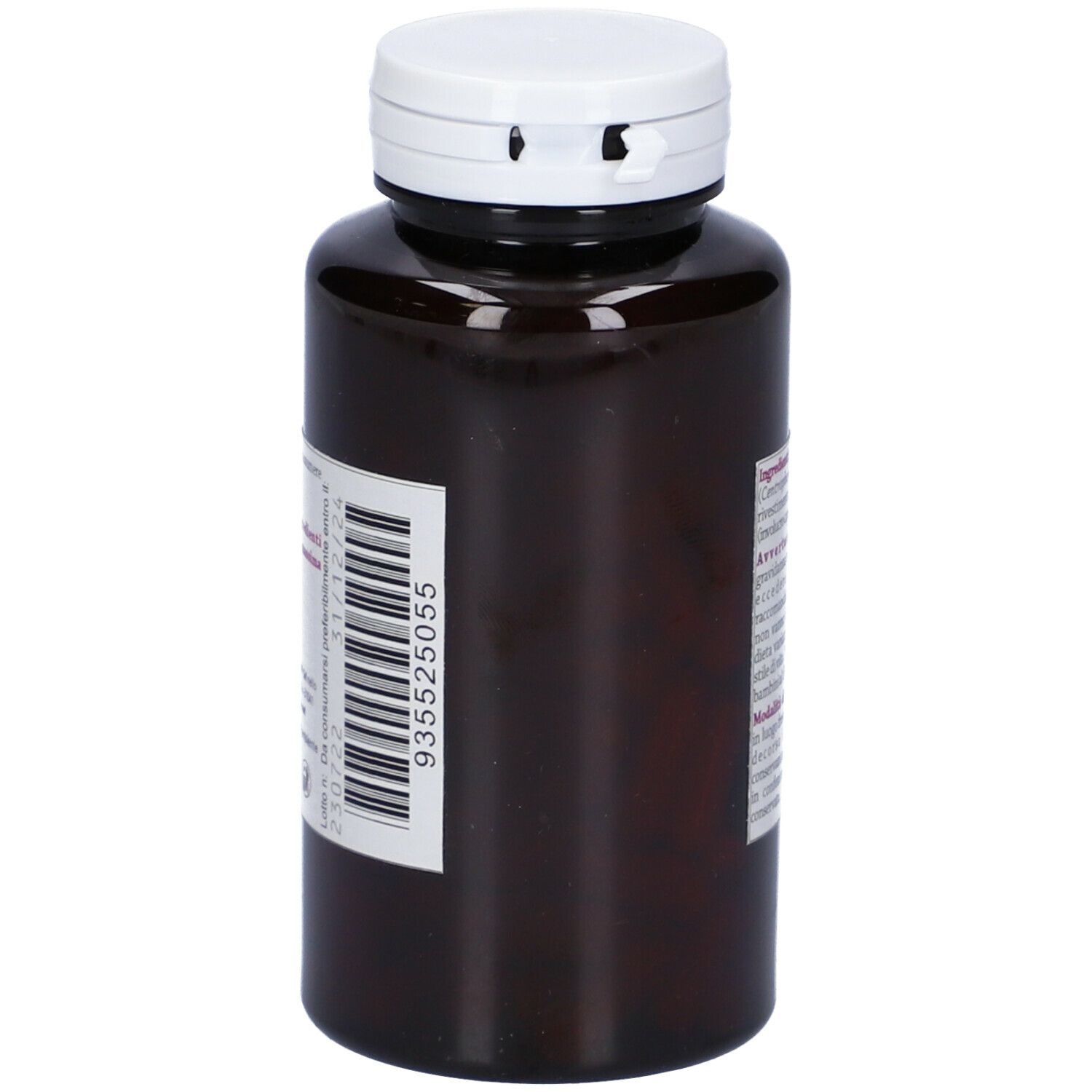 Flacone marrone con tappo bianco. Etichetta con codice a barre e informazioni. Integratore alimentare.