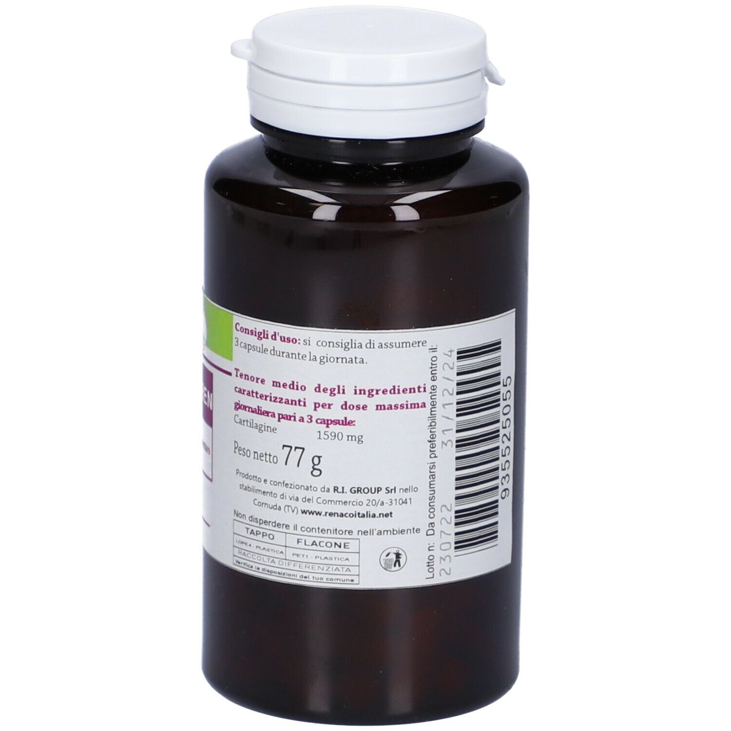 Flacone marrone con tappo bianco. Etichetta con informazioni e scadenza. Integratore alimentare.