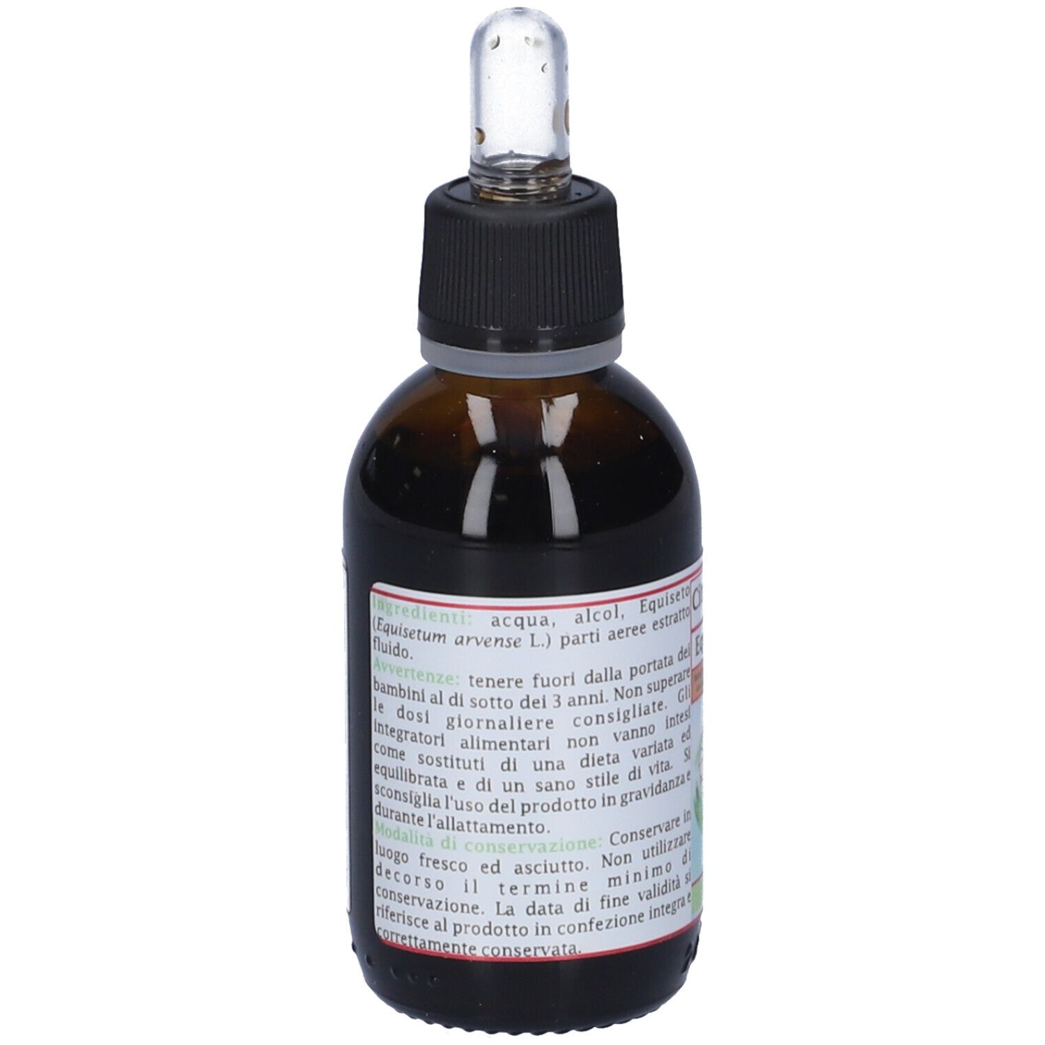 Flacone di vetro marrone con tappo nero e contagocce. Etichetta con informazioni sul prodotto. Testo: ingredienti, avvertenze.