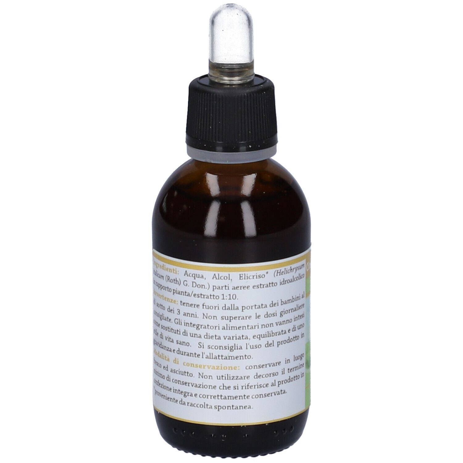 Flacone di vetro marrone con contagocce. Etichetta con ingredienti e avvertenze.