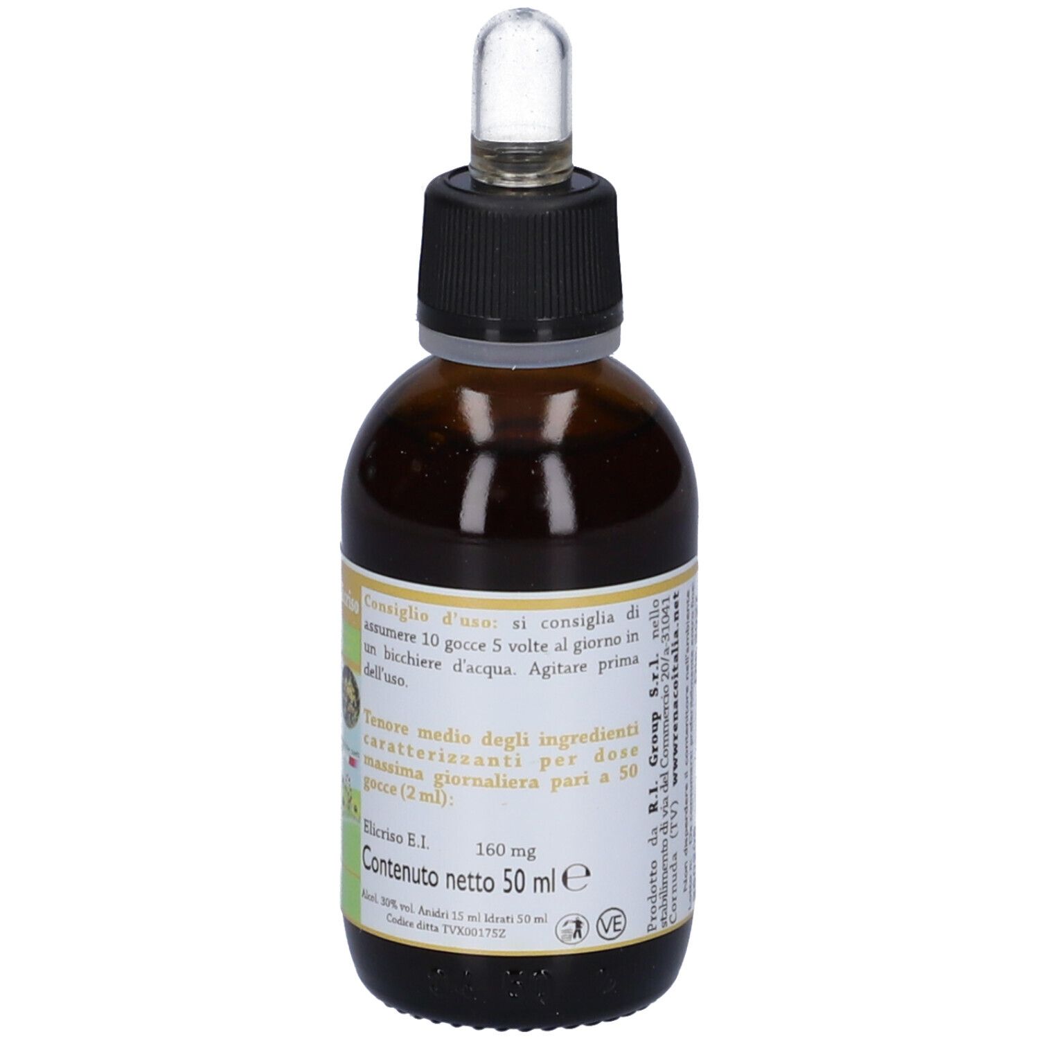 Flacone di vetro marrone con contagocce. Etichetta con raccomandazioni di dosaggio e ingredienti.